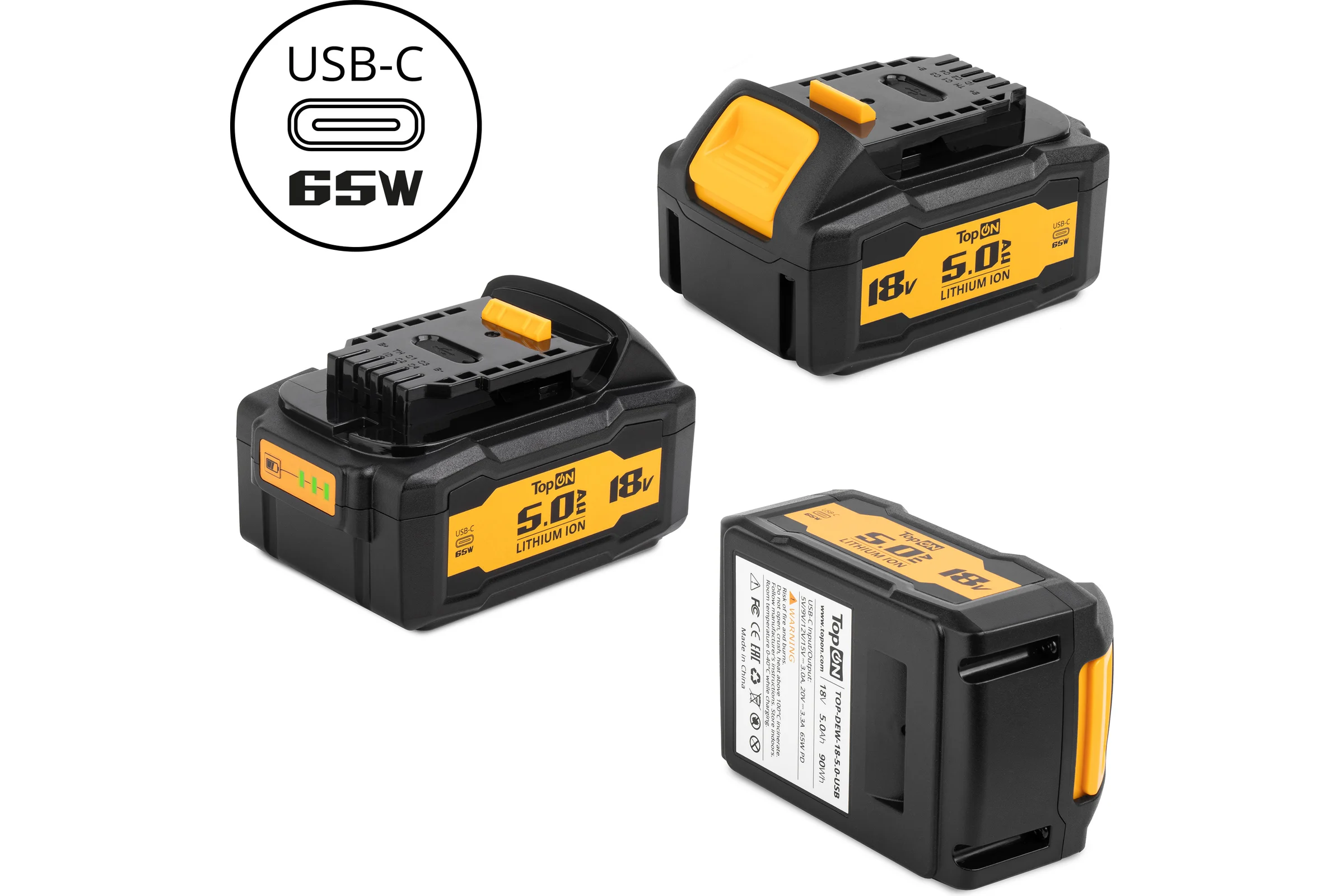 Аккумулятор TopOn 18V 5.0Ah (Li-ion) с USB портом. PN: DCB184 TOP-DEW-18-5.0-USB
