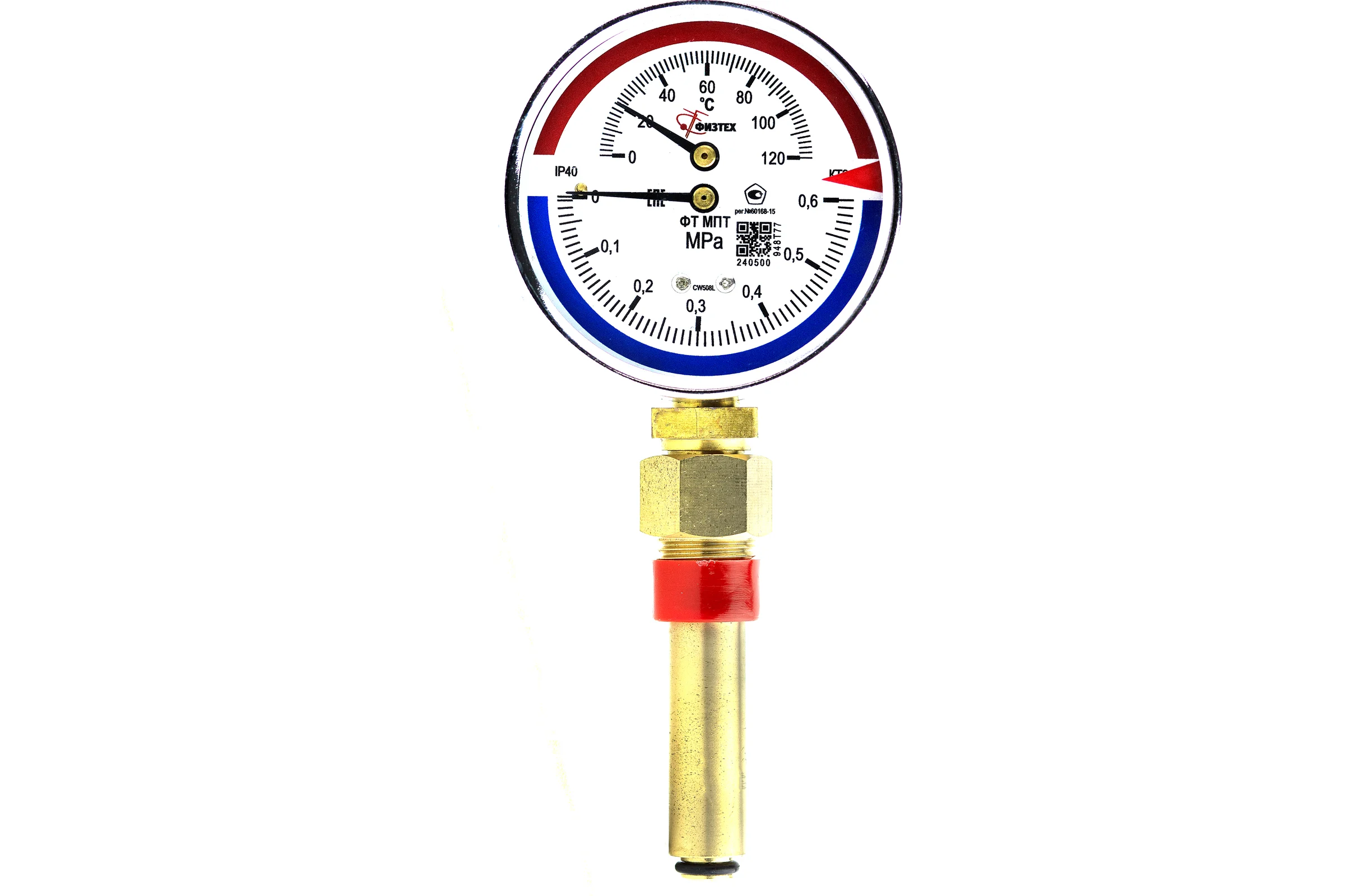 Термоманометр Физтех МПТ 0…120C/0…0,6 МПа кт.2,5 d.100 IP40 G1/2 РШ L64 4687205630834
