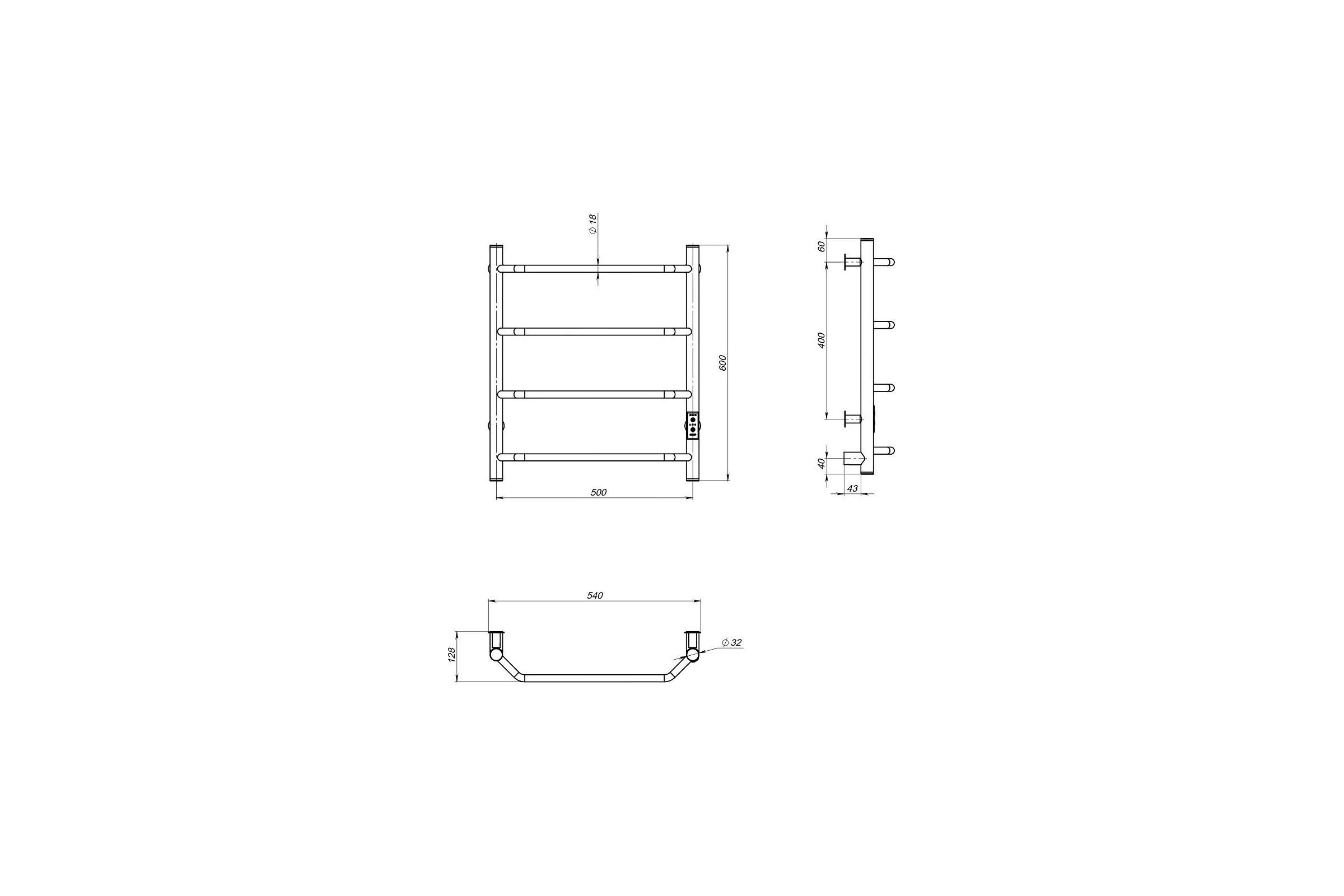 Полотенцесушитель MIXLINE MIRA 60x50 таймер, 201 Вт, 4 перекладины электрический ГРАФИТ 557649