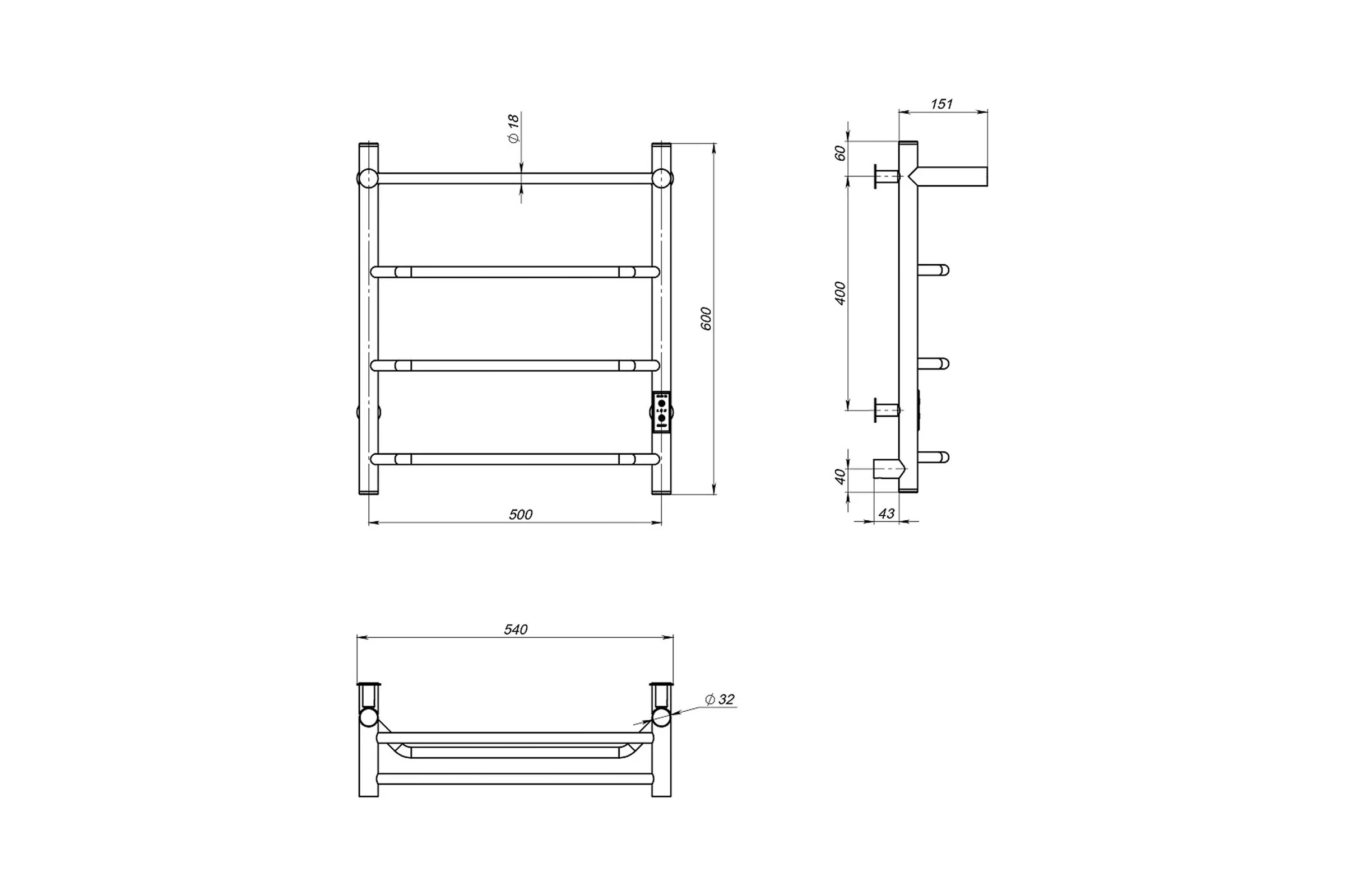 Полотенцесушитель MIXLINE MIRA 60x50 таймер, 251Вт, 3 перекладины + ПОЛКА электрический БЕЛЫЙ 557157