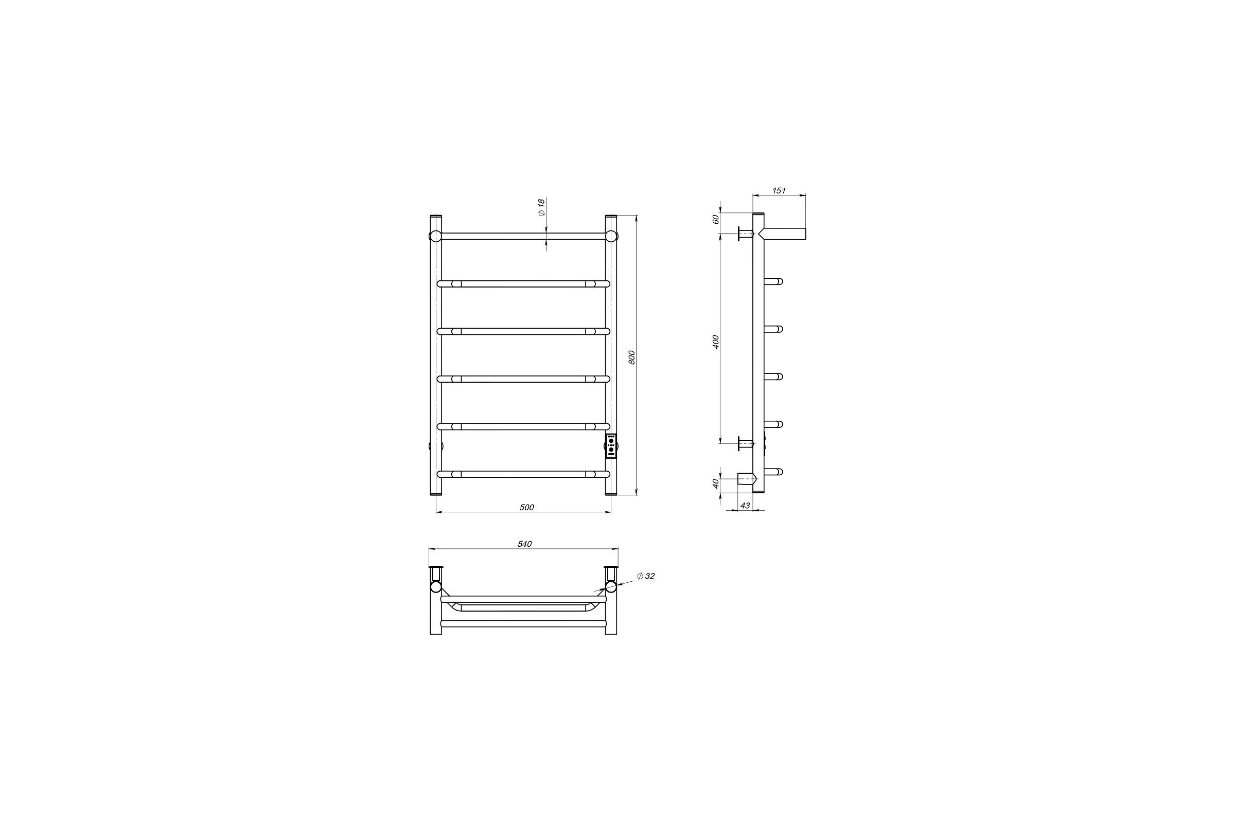 Полотенцесушитель MIXLINE MIRA 80x50 таймер, 336 Вт, 5 перекладин + ПОЛКА электрический ГРАФИТ 557651