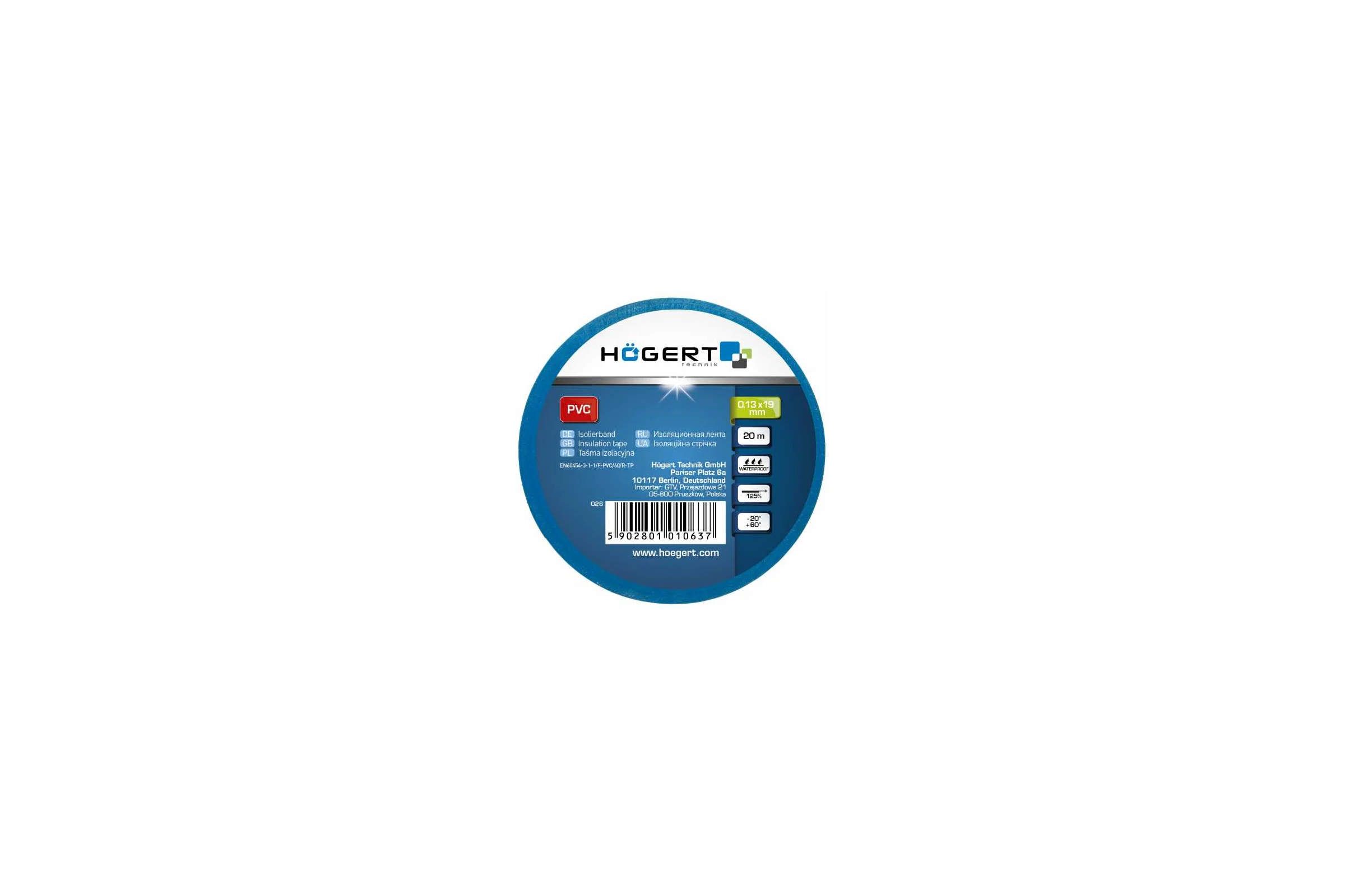 Изоляционная лента Hogert Technik 0,13x19 мм, 20 м, синия HT1P283
