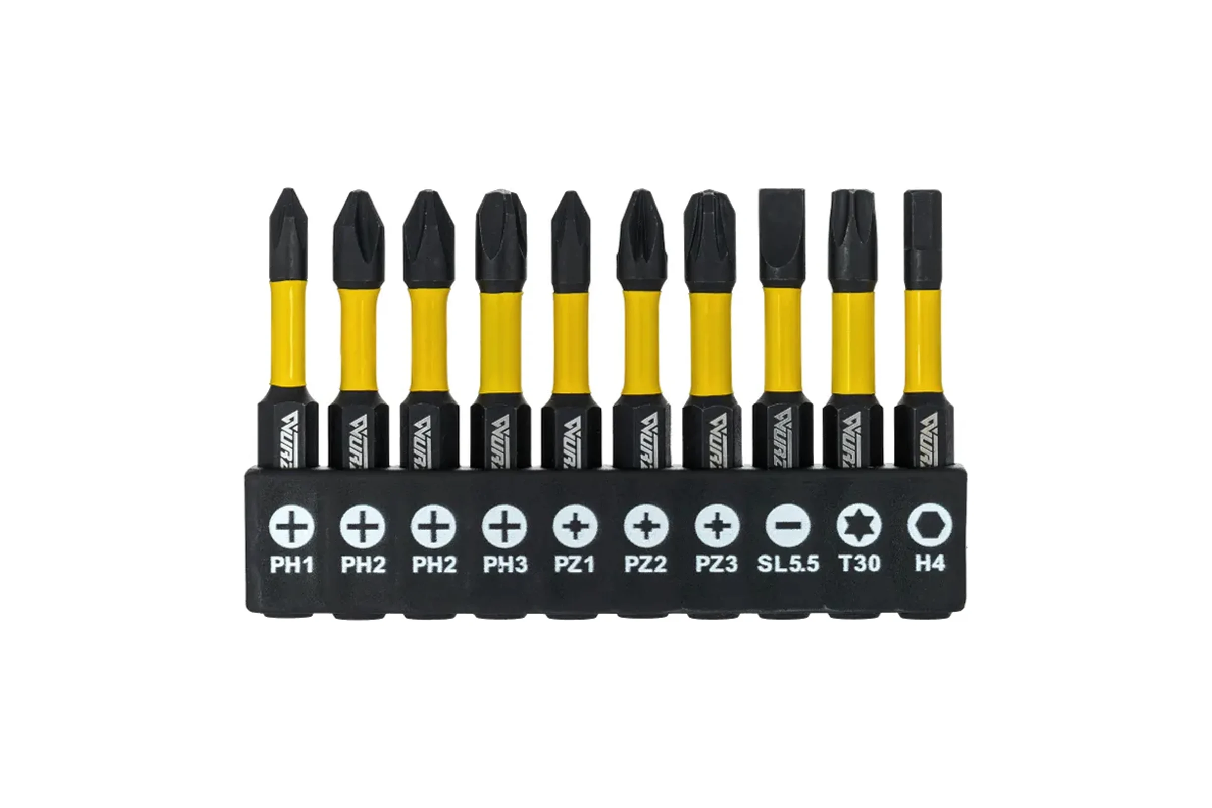 Набор торсионных магнитных бит WURZ 50мм, PH1,PH2(2),PH3,PZ1,PZ2,PZ3,T30,SL5.5,H4, 10шт/бл 4201PC