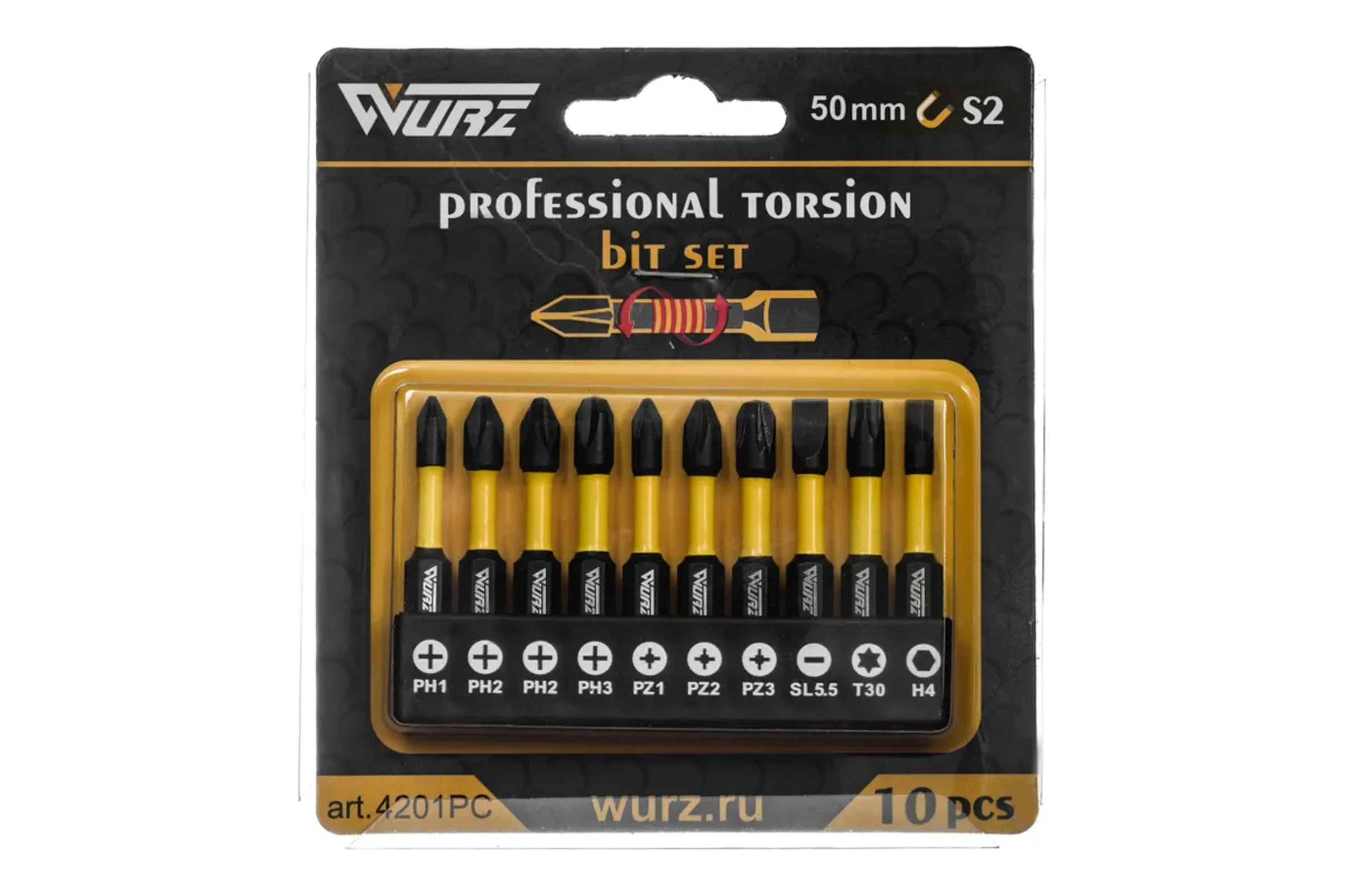 Набор торсионных магнитных бит WURZ 50мм, PH1,PH2(2),PH3,PZ1,PZ2,PZ3,T30,SL5.5,H4, 10шт/бл 4201PC