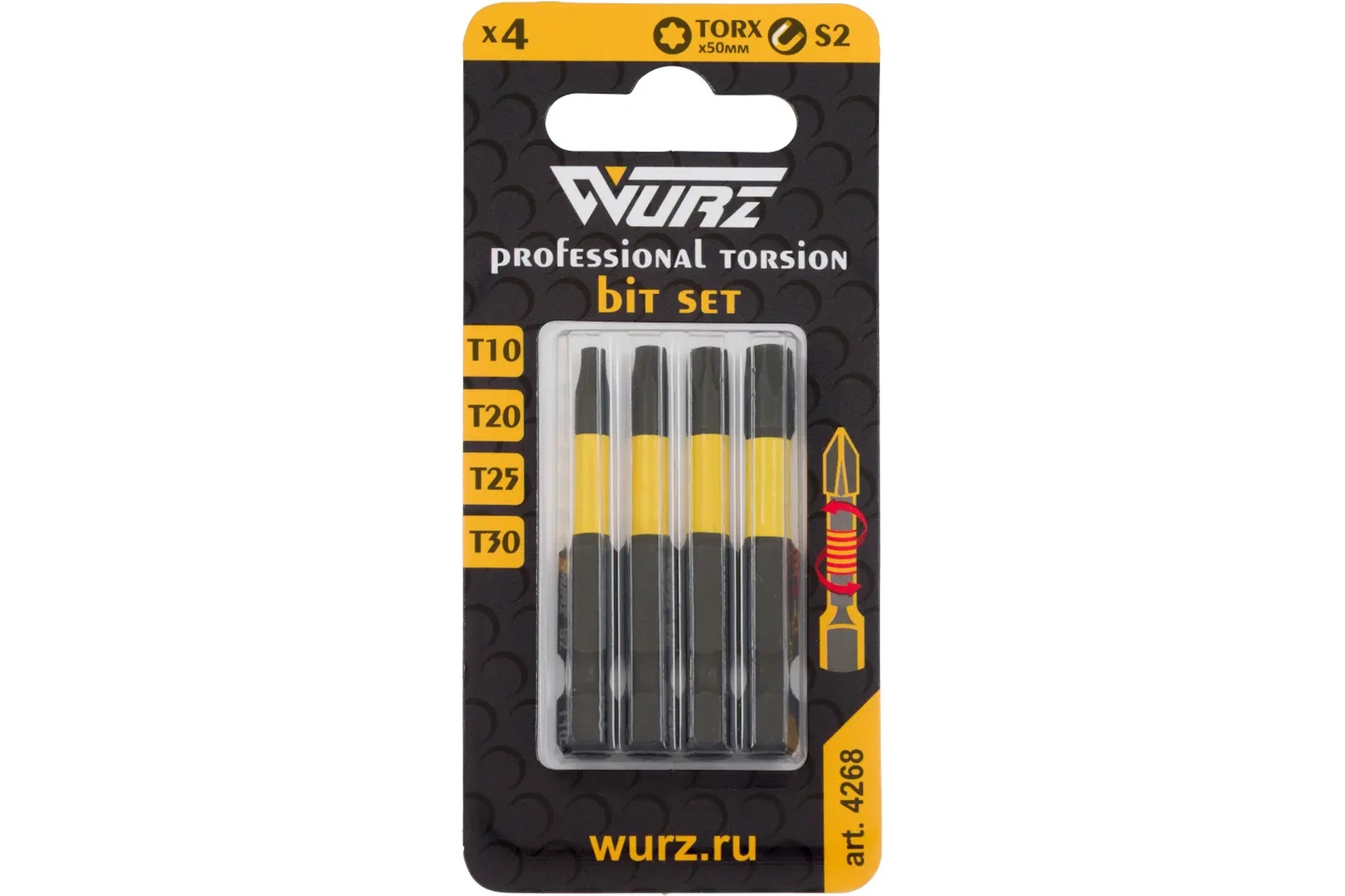 Набор торсионных магнитных бит WURZ 50мм, TORX (T10,T20,T25,T30), 4шт/бл 4268