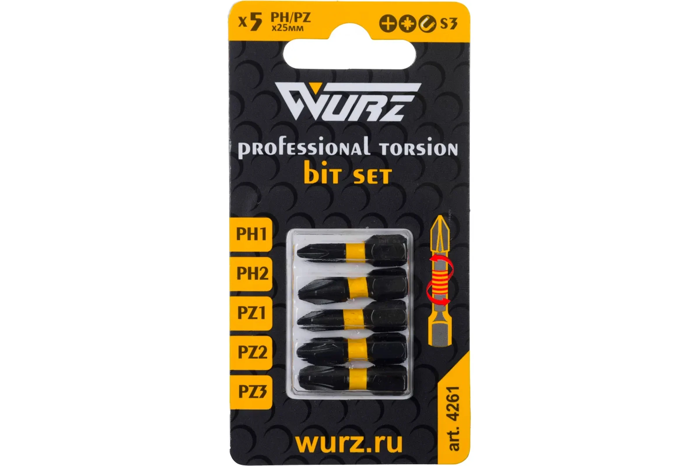 Набор торсионных магнитных бит WURZ 25мм, (PH1,PH2,PZ1,PZ2,PZ3), 5шт/бл 4261