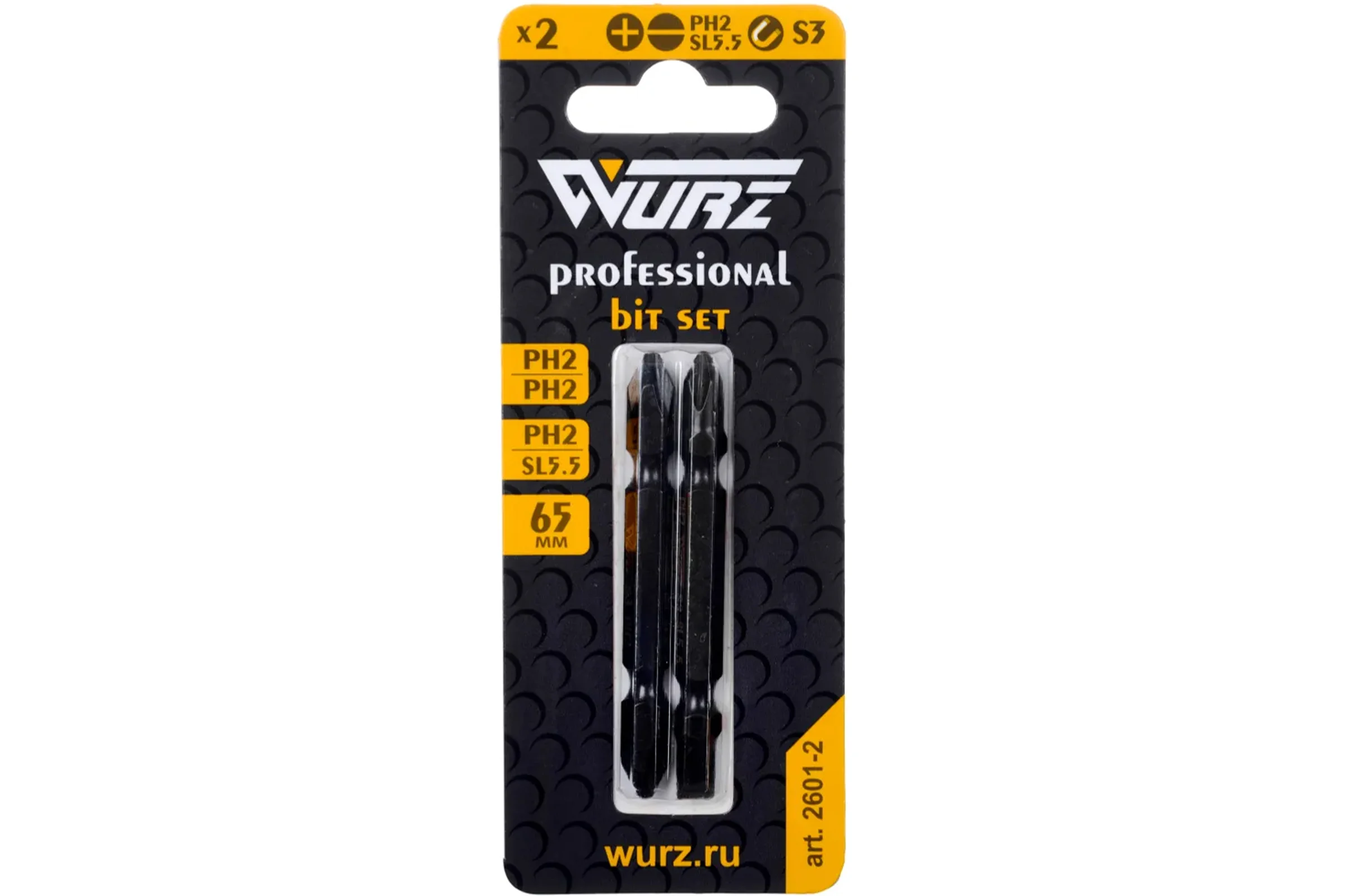 Набор торсионных магнитных двухсторонних бит WURZ 65мм, PH2/PH2+PH2/SL5.5, 2шт/бл 2601-2
