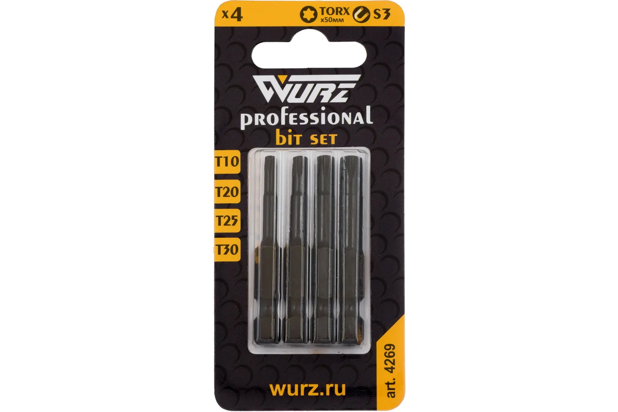 Набор торсионных магнитных бит WURZ 50мм, TORX (T10,T20,T25,T30), 4шт/бл 4269