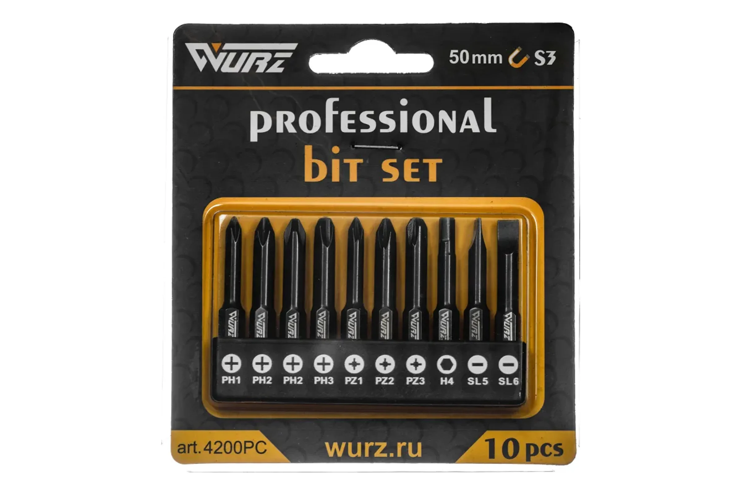 Набор магнитных бит WURZ 50мм, PH1,PH2(2),PH3,PZ1,PZ2,PZ3,SL5,SL6,H4, 10шт/бл 4200PC