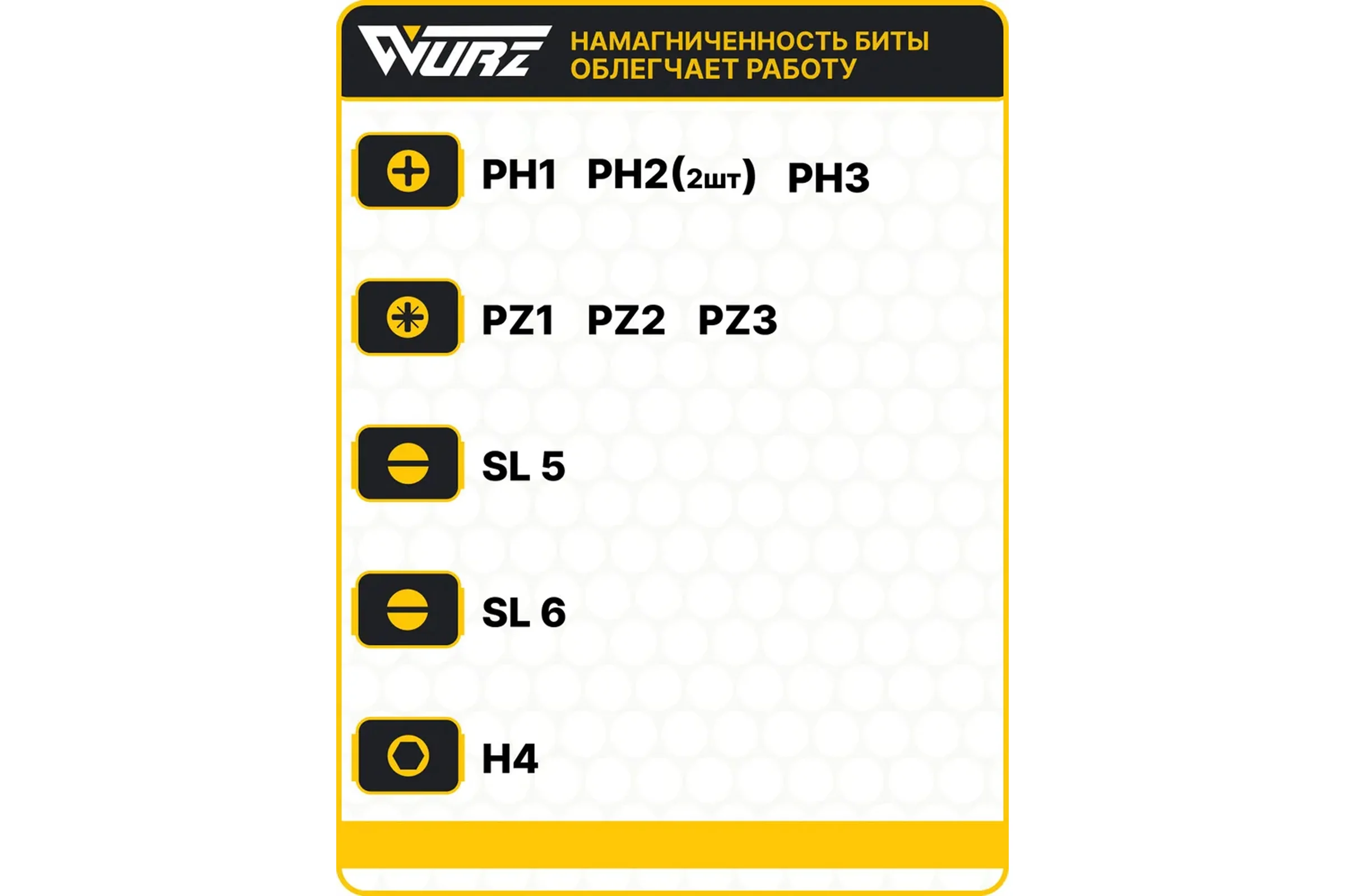 Набор магнитных бит WURZ 50мм, PH1,PH2(2),PH3,PZ1,PZ2,PZ3,SL5,SL6,H4, 10шт/бл 4200PC