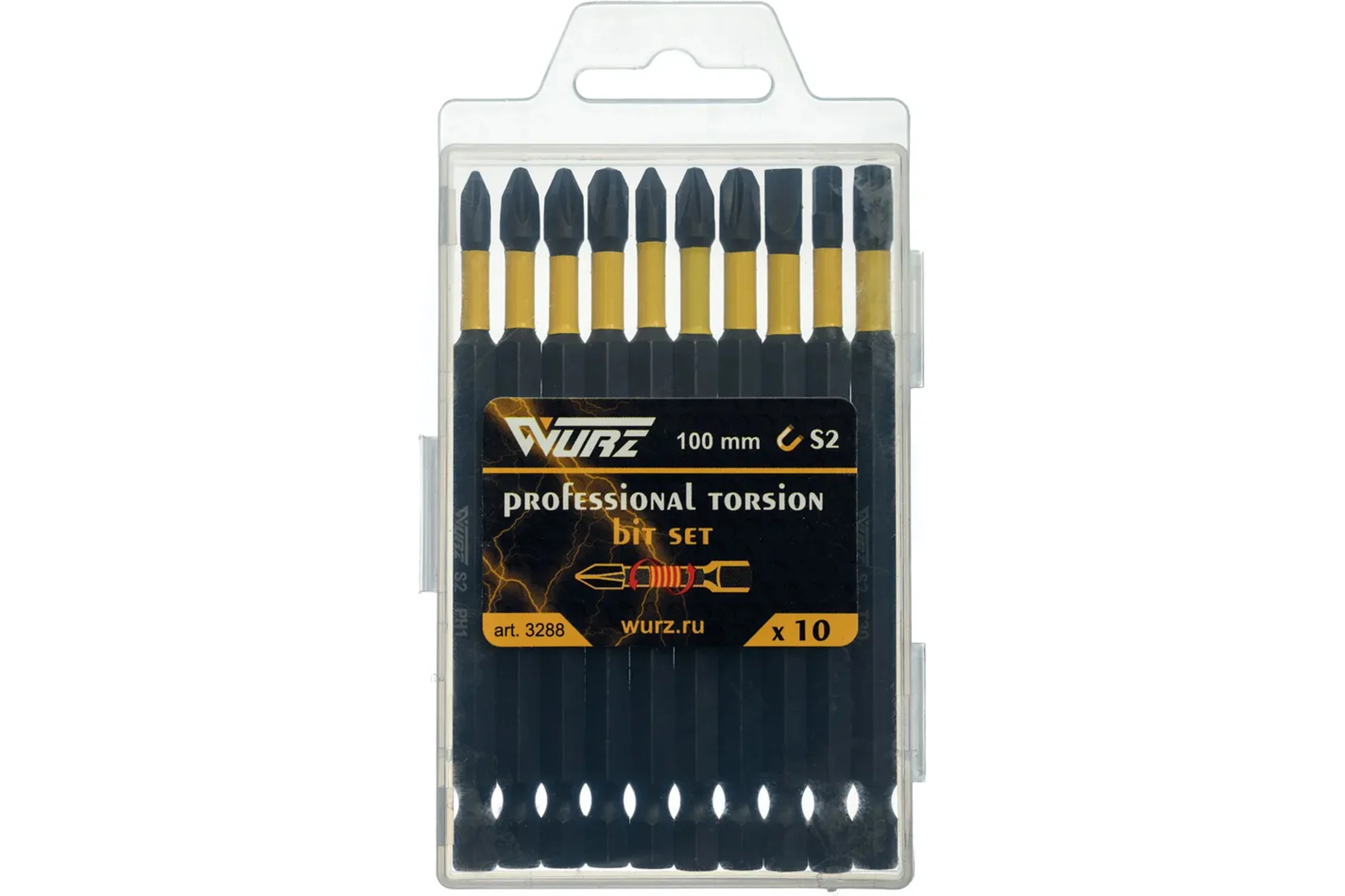 Набор торсионных магнитных бит WURZ 100мм, PH1,PH2(2),PH3,PZ1,PZ2,PZ3,T30,SL5.5,H4, 10шт/бокс 3288