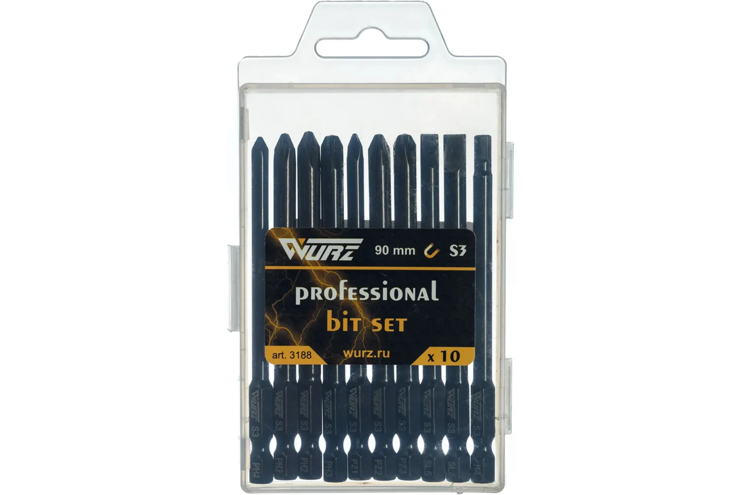 Набор магнитных бит WURZ 90мм, PH1,PH2(2),PH3,PZ1,PZ2,PZ3,SL5,SL6,H4, 10шт/бокс 3188