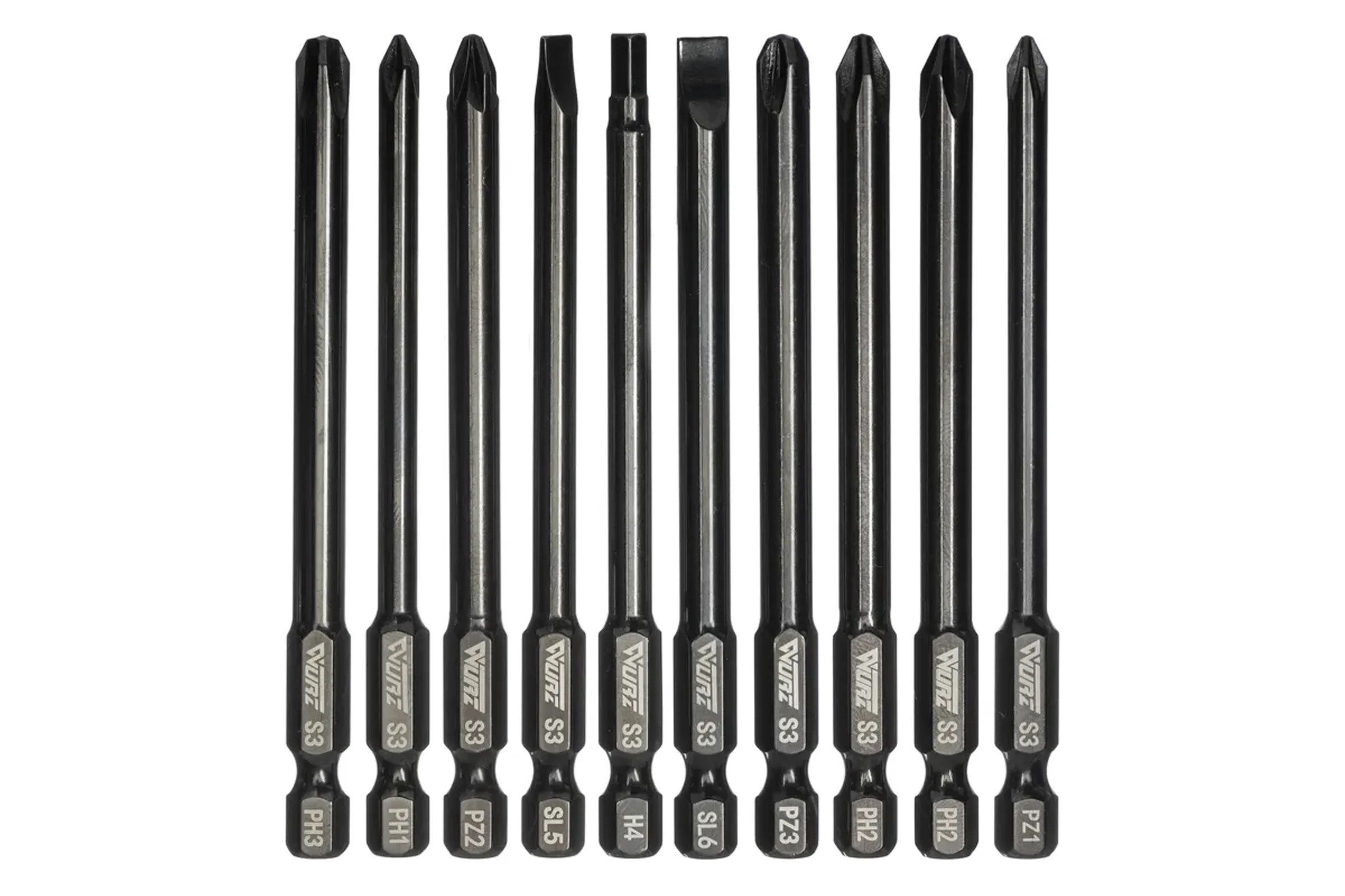 Набор магнитных бит WURZ 90мм, PH1,PH2(2),PH3,PZ1,PZ2,PZ3,SL5,SL6,H4, 10шт/бокс 3188
