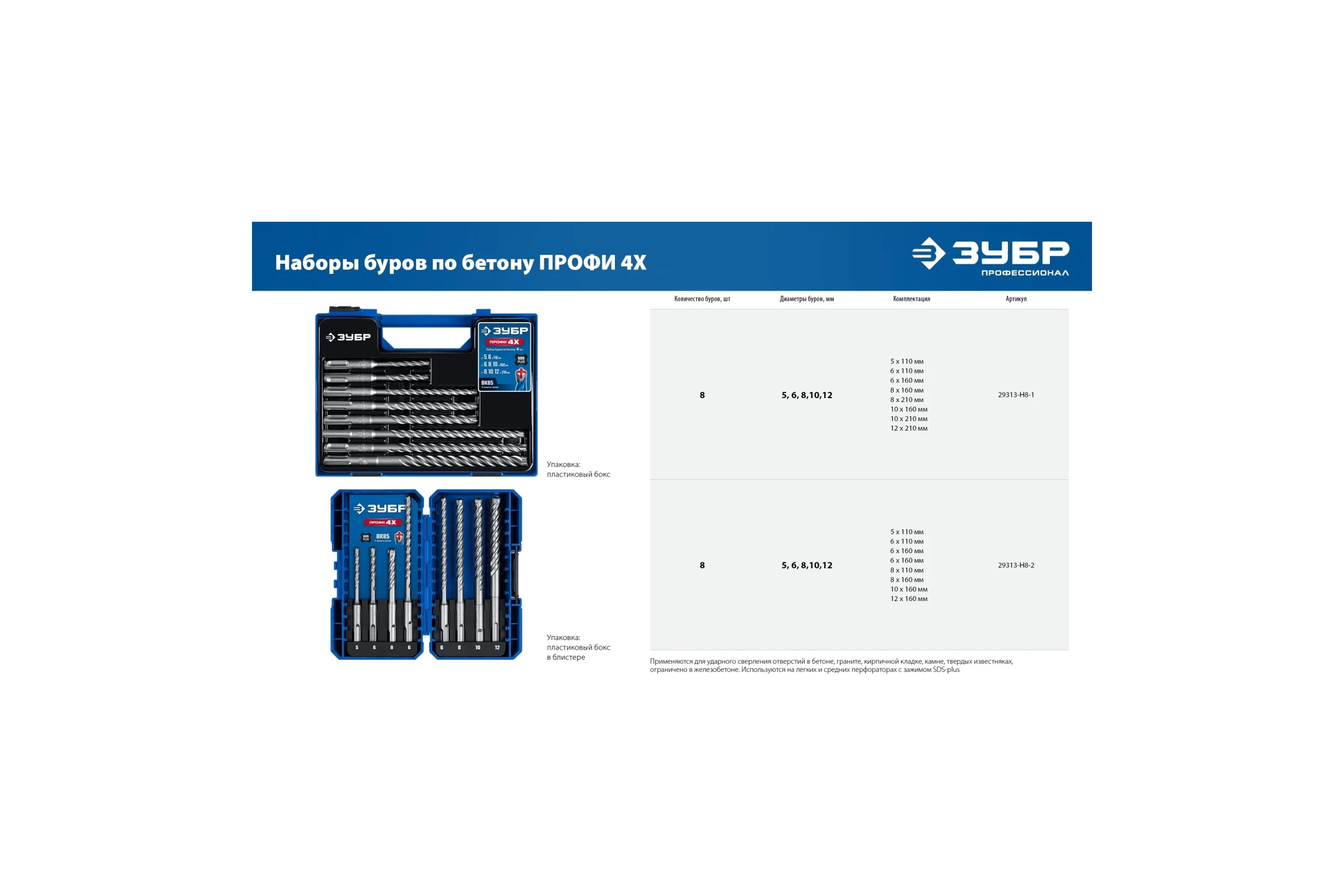 Буры SDS-plus ЗУБР Профи-4x 8шт набор №2 29313-H8-2