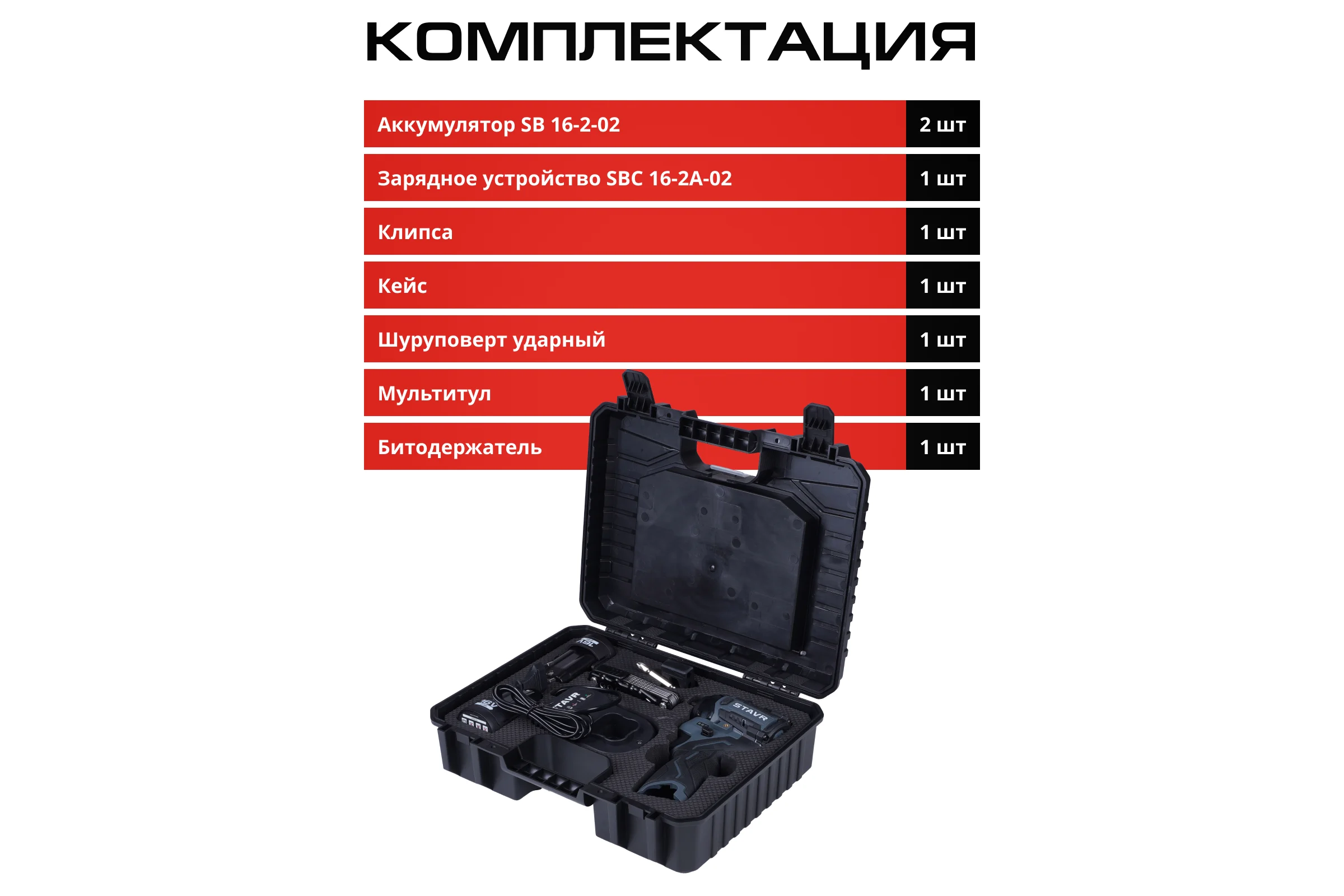 Ударный шуруповерт Ставр 16V (серия X-CLUSIVE) SID 16BL-160V-2K, 160 Нм, 2х2.0 Ач, ЗУ, кейс 9020100463