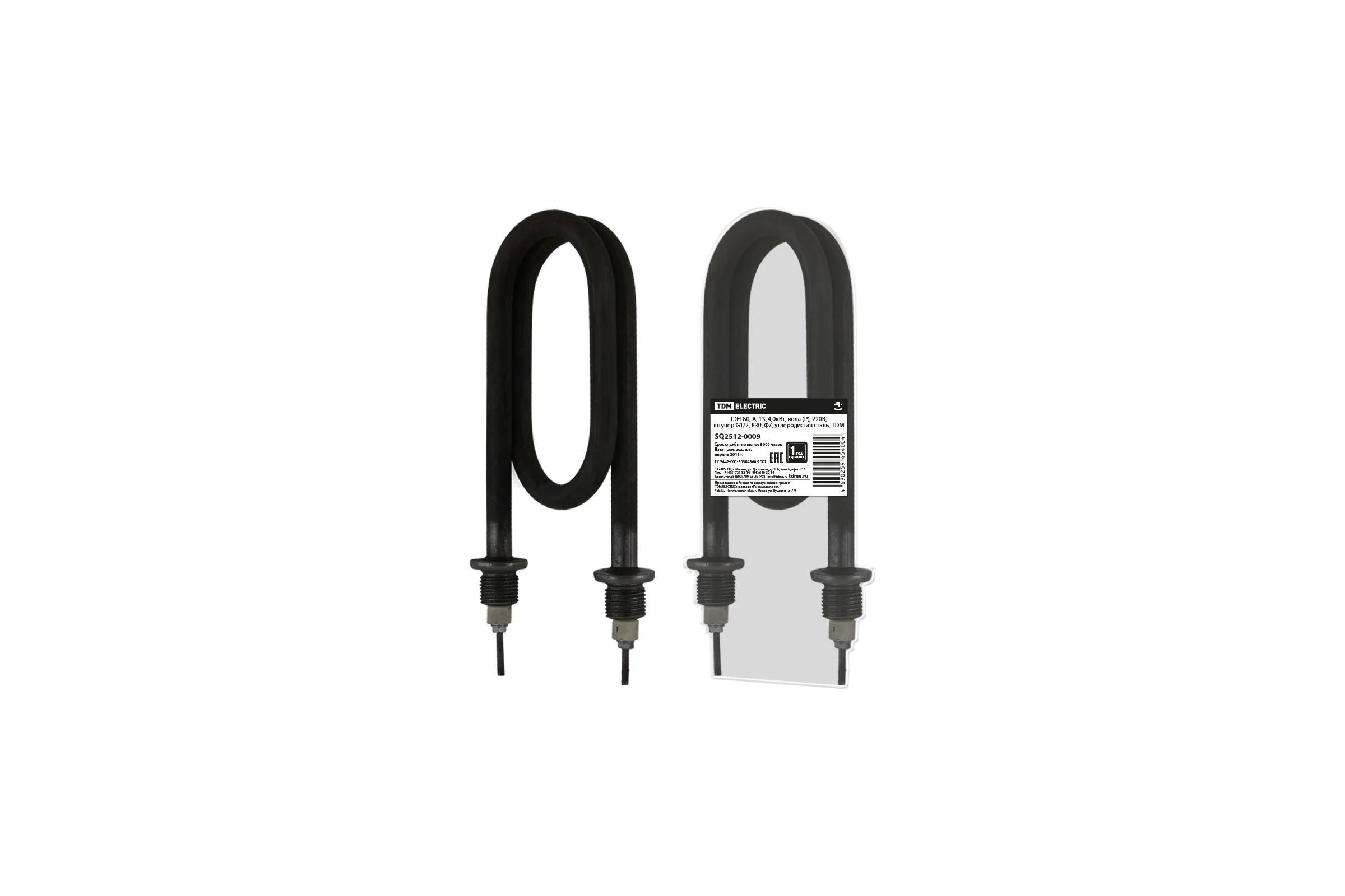 ТЭН TDM ELECTRIC 80, А, 13, 4 кВт, вода (Р), 220В, штуцер G1/2, R30, Ф7, углеродистая сталь SQ2512-0009