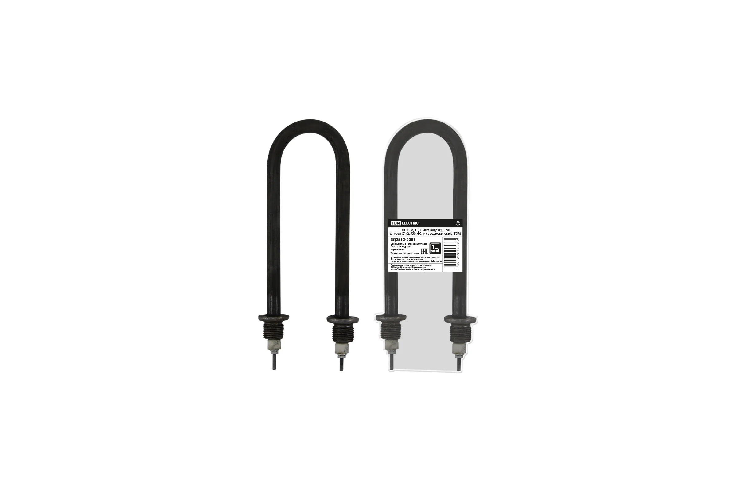 ТЭН TDM ELECTRIC 45, А, 13, 1.6 кВт, вода (Р), 220В, штуцер G1/2, R30, Ф2, углеродистая сталь SQ2512-0001