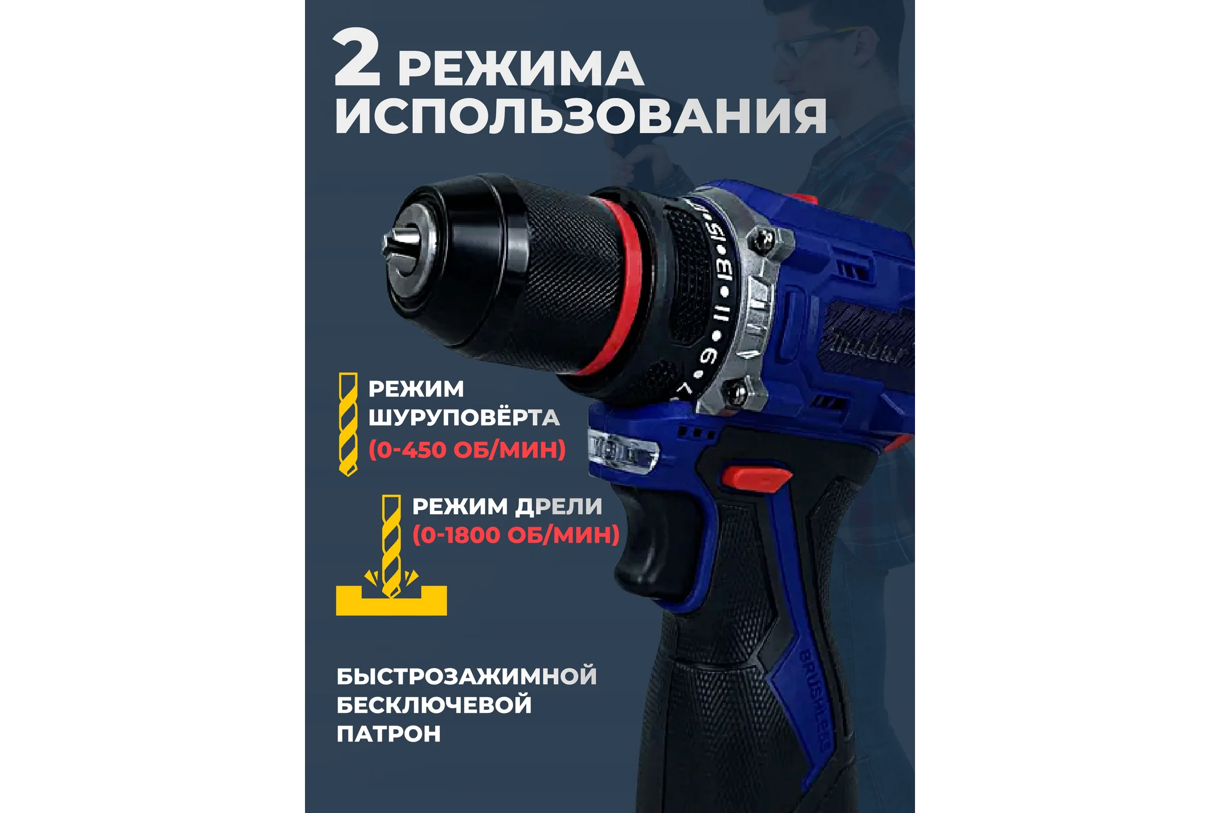 Аккумуляторная бесщеточная дрель-шуруповерт со светодиодной подсветкой рабочей зоны MABAR модель s16-1.5ah