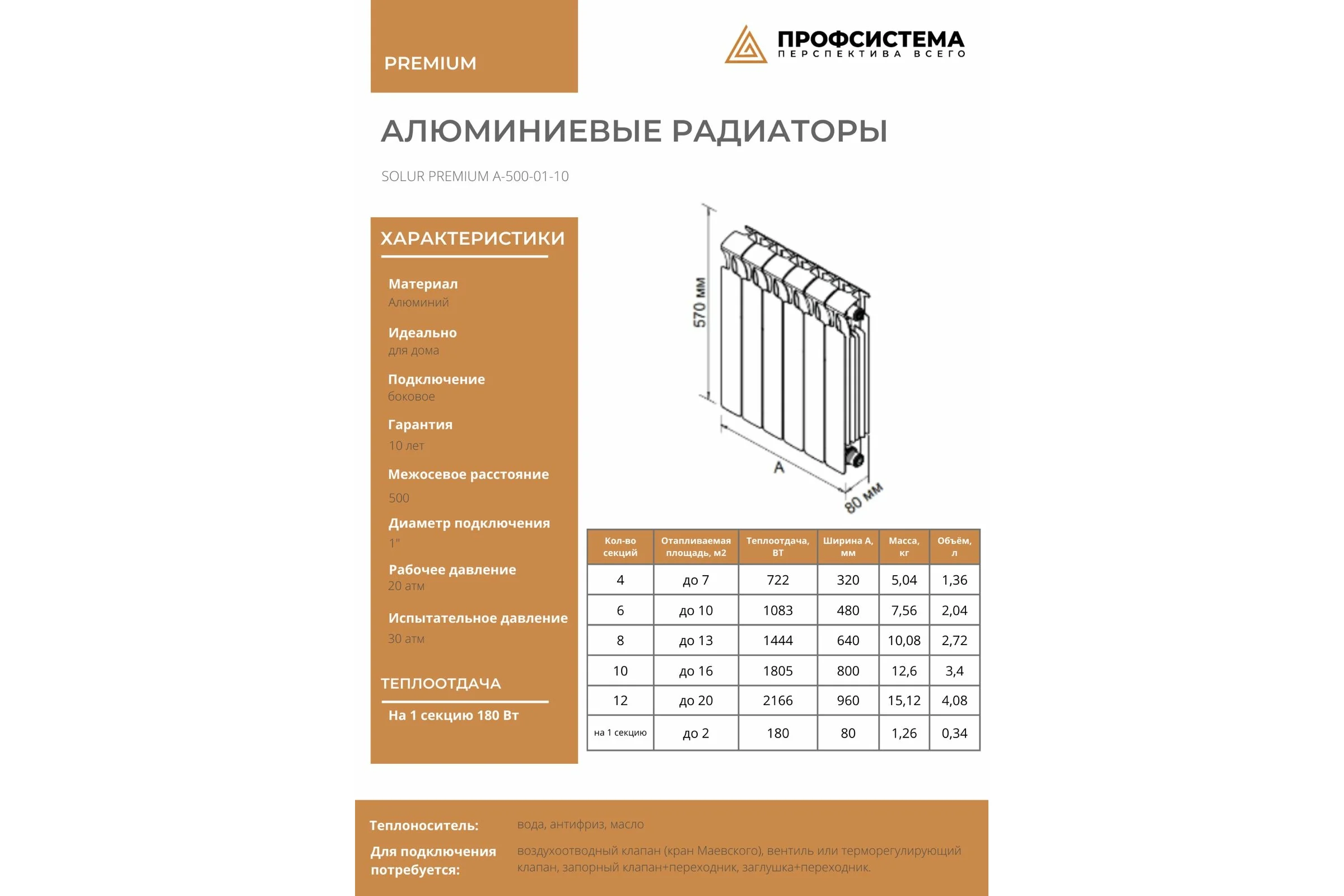 Алюминиевый радиатор отопления Solur PREMIUM 6 секций ALUM06 ALUM06456982