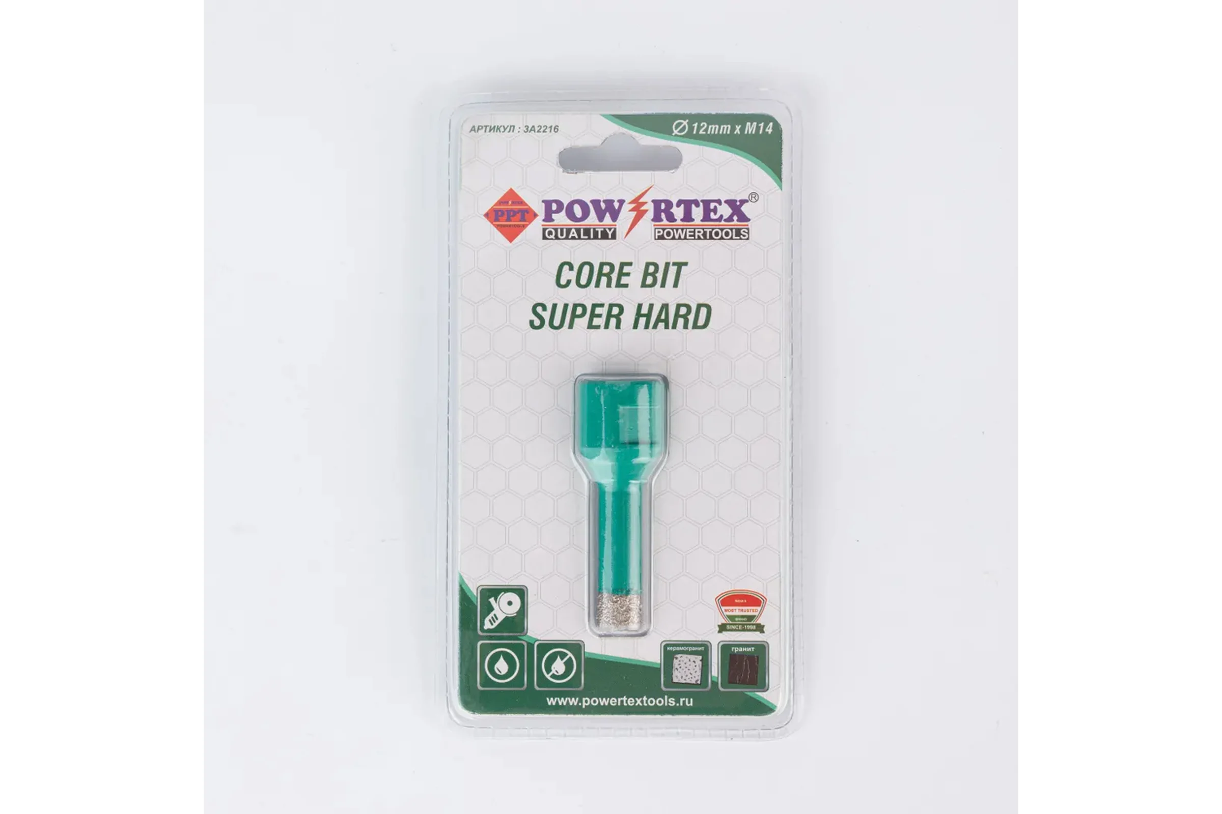 Коронка алмазная Powertex Super Hard, М14, с техническим воском 12х35 мм для дрели и УШМ по плитке 3A2216