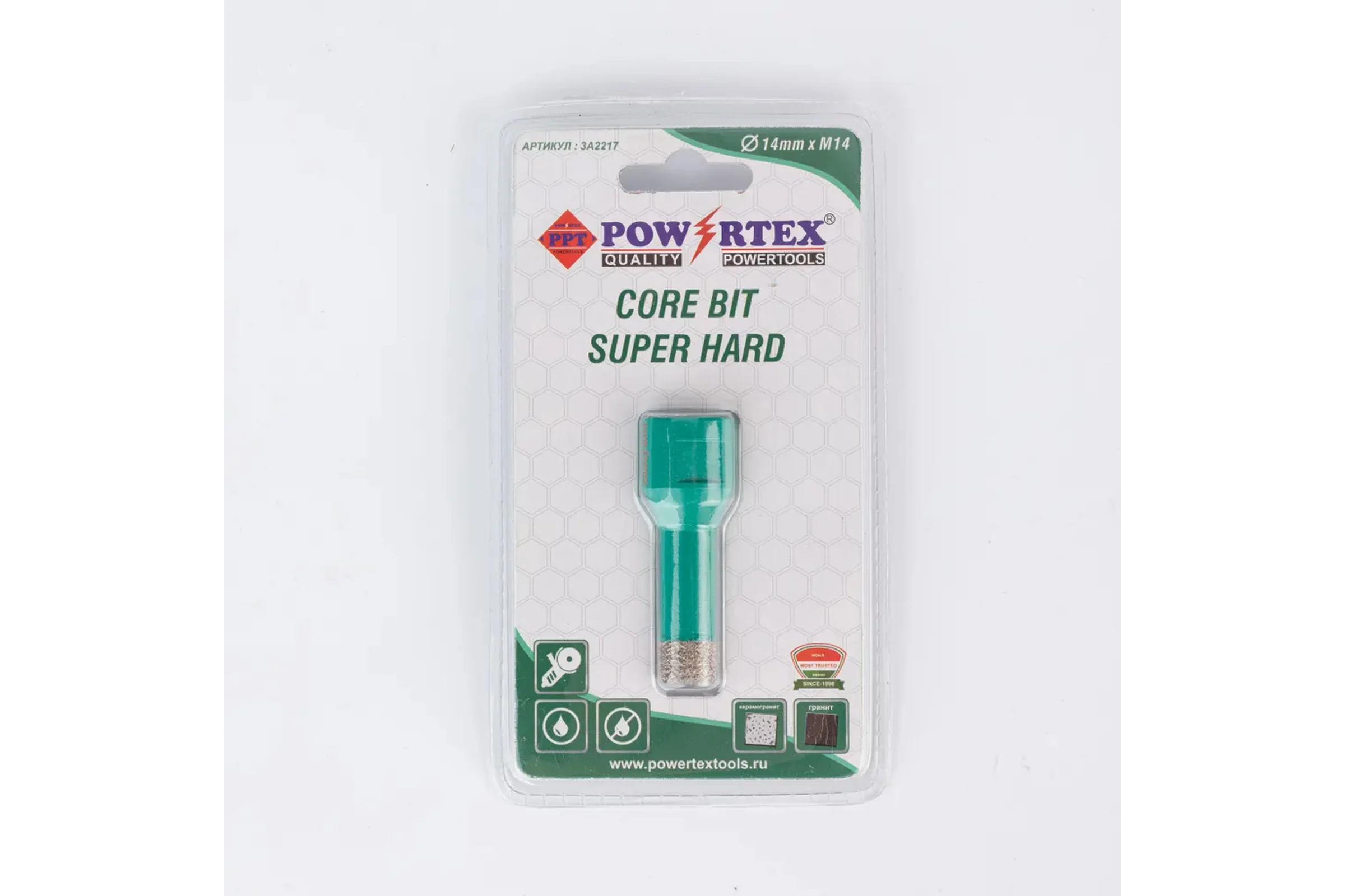 Коронка алмазная Powertex Super Hard, М14, с техническим воском 14х35 мм для дрели и УШМ по плитке 3A2217