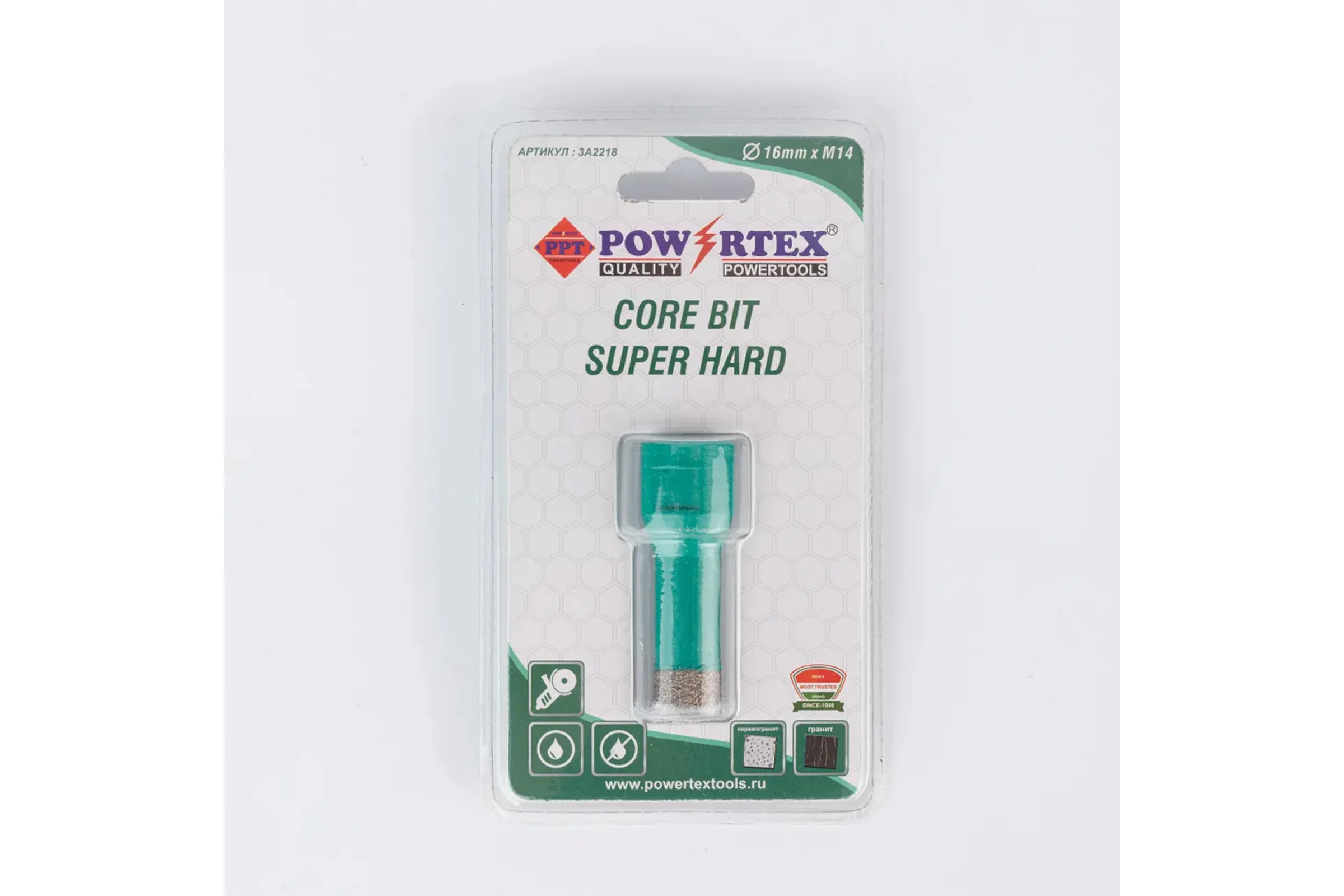 Коронка алмазная Powertex Super Hard, М14, с техническим воском 16х35 мм для дрели и УШМ по плитке 3A2218