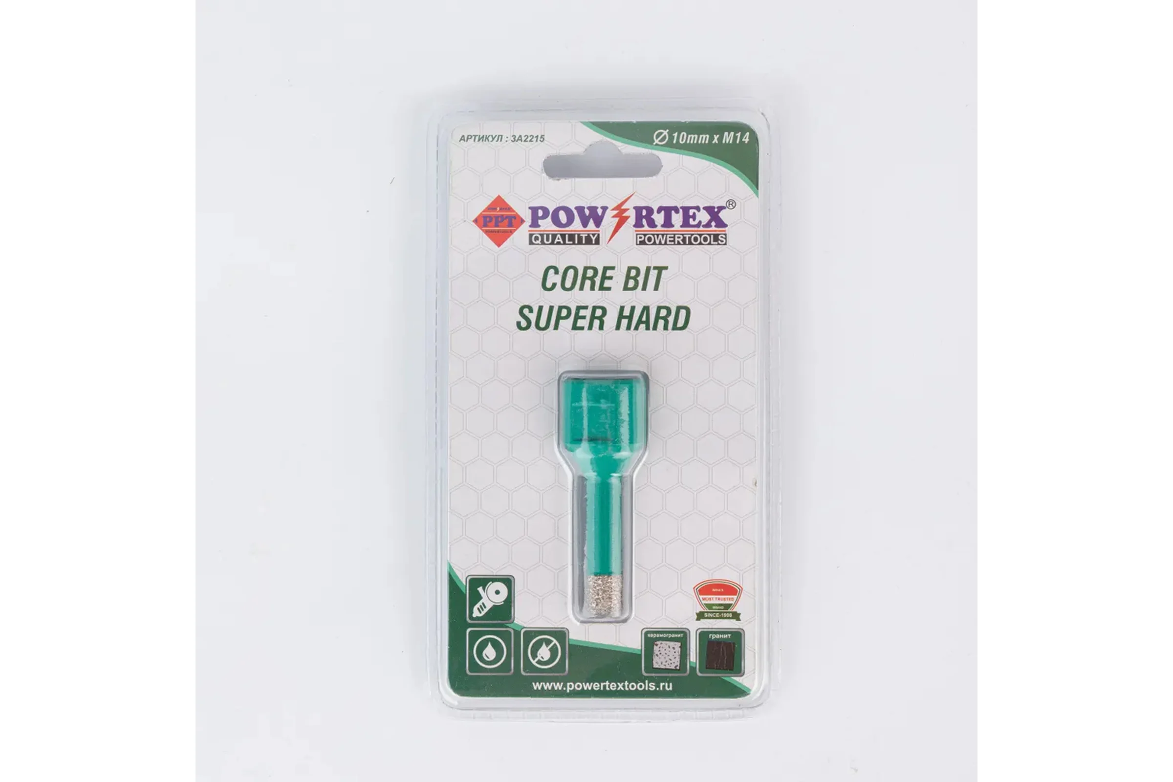 Коронка алмазная Powertex Super Hard, М14, с техническим воском 10х35 мм для дрели и УШМ по плитке 3A2215