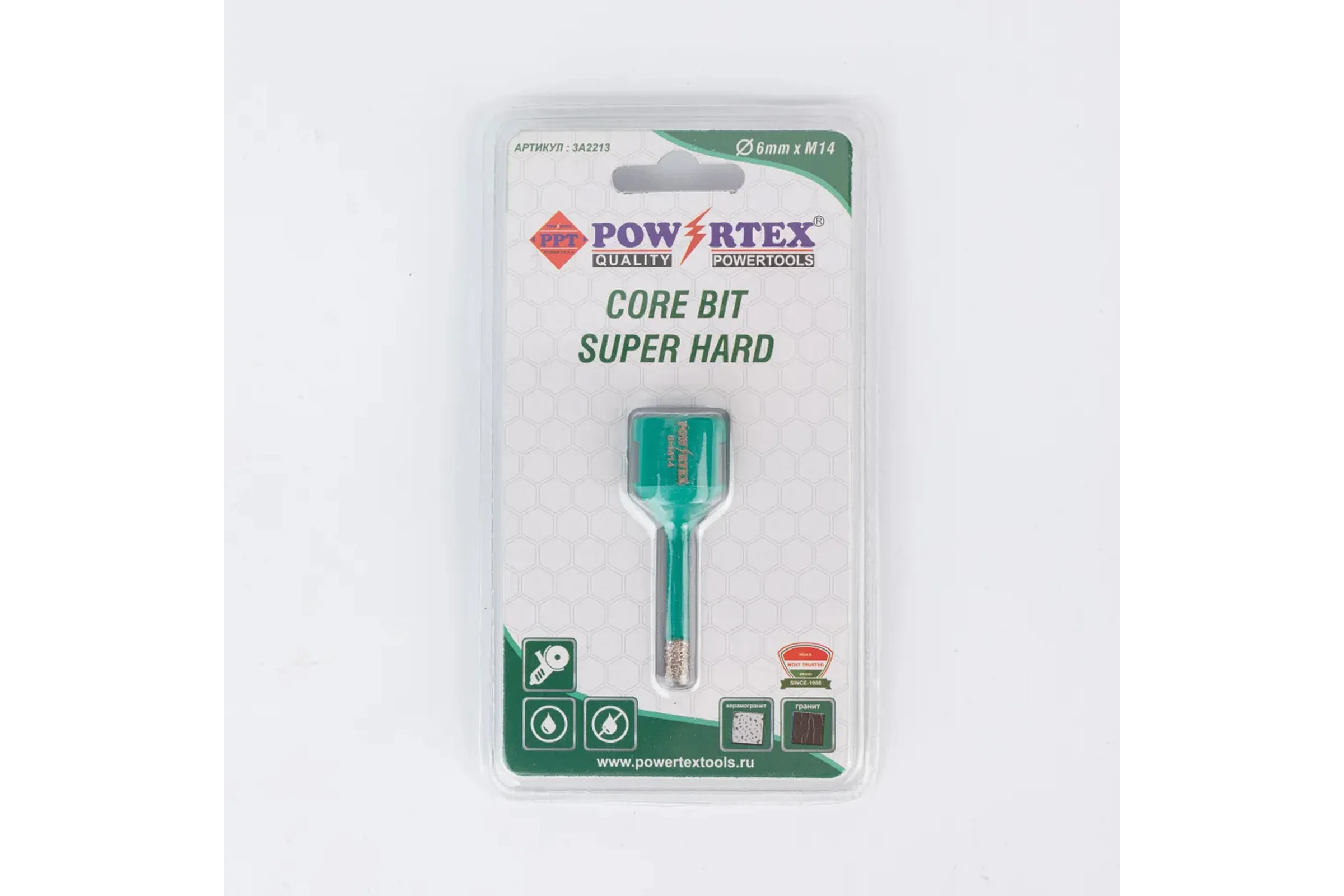 Коронка алмазная Powertex Super Hard, М14, с техническим воском 6х35 мм для дрели и УШМ по плитке 3A2213