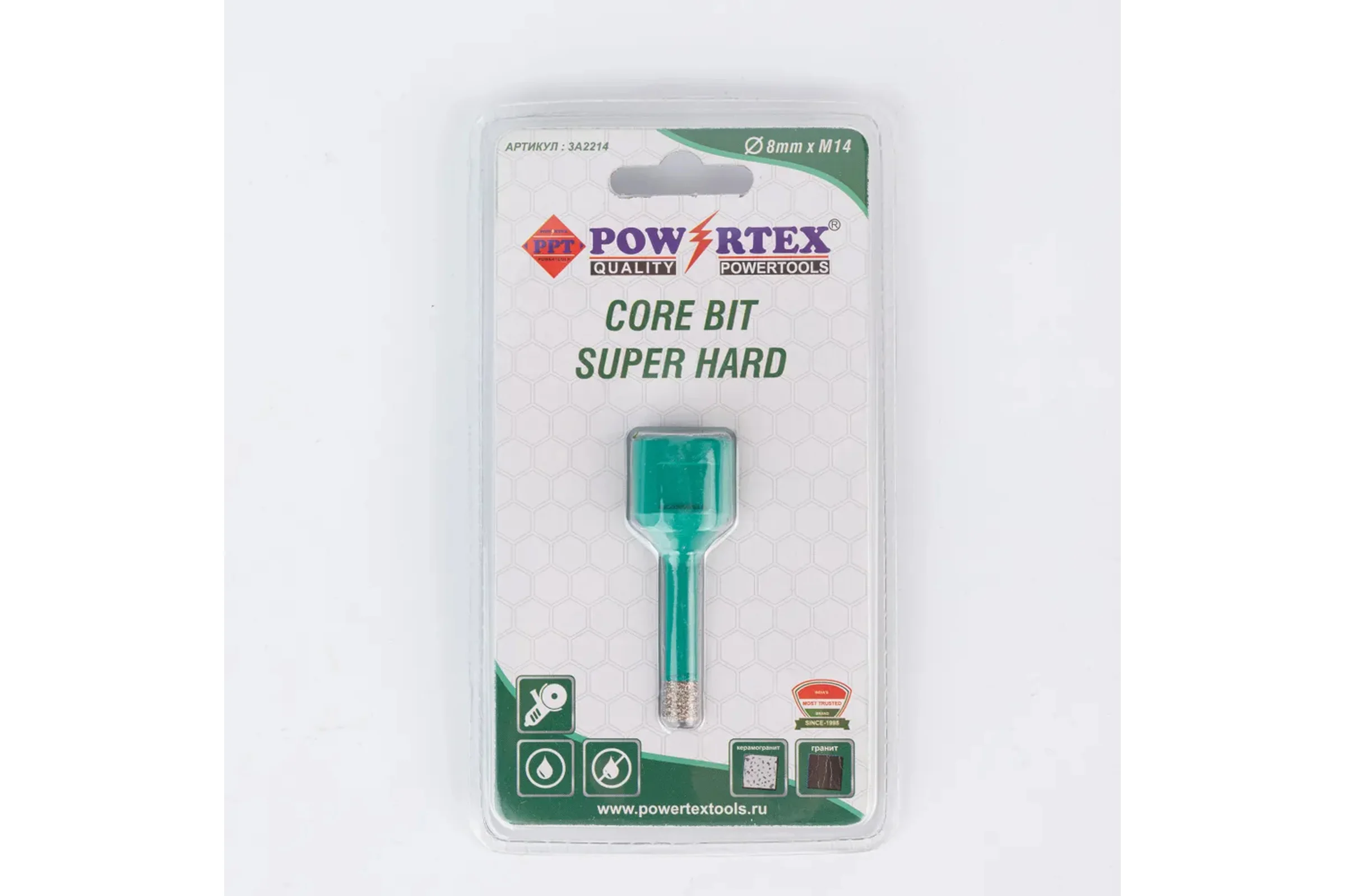 Коронка алмазная Powertex Super Hard, М14, с техническим воском 8х35 мм для дрели и УШМ по плитке 3A2214
