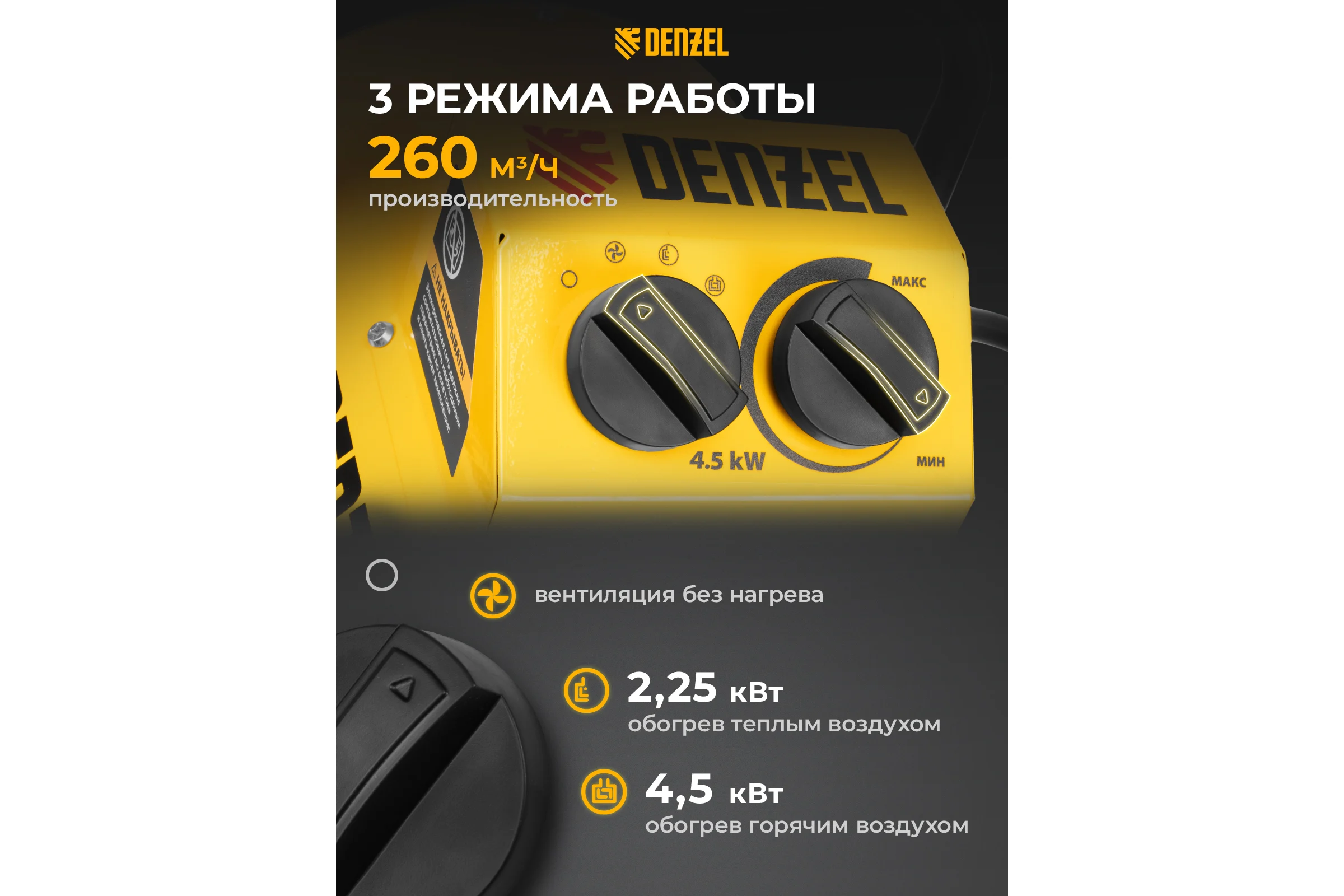 Тепловая пушка Denzel SFH-5000, 230 В, 260 м3/ч, 3 режима, вентилятор, 3000/4500 Вт 96438
