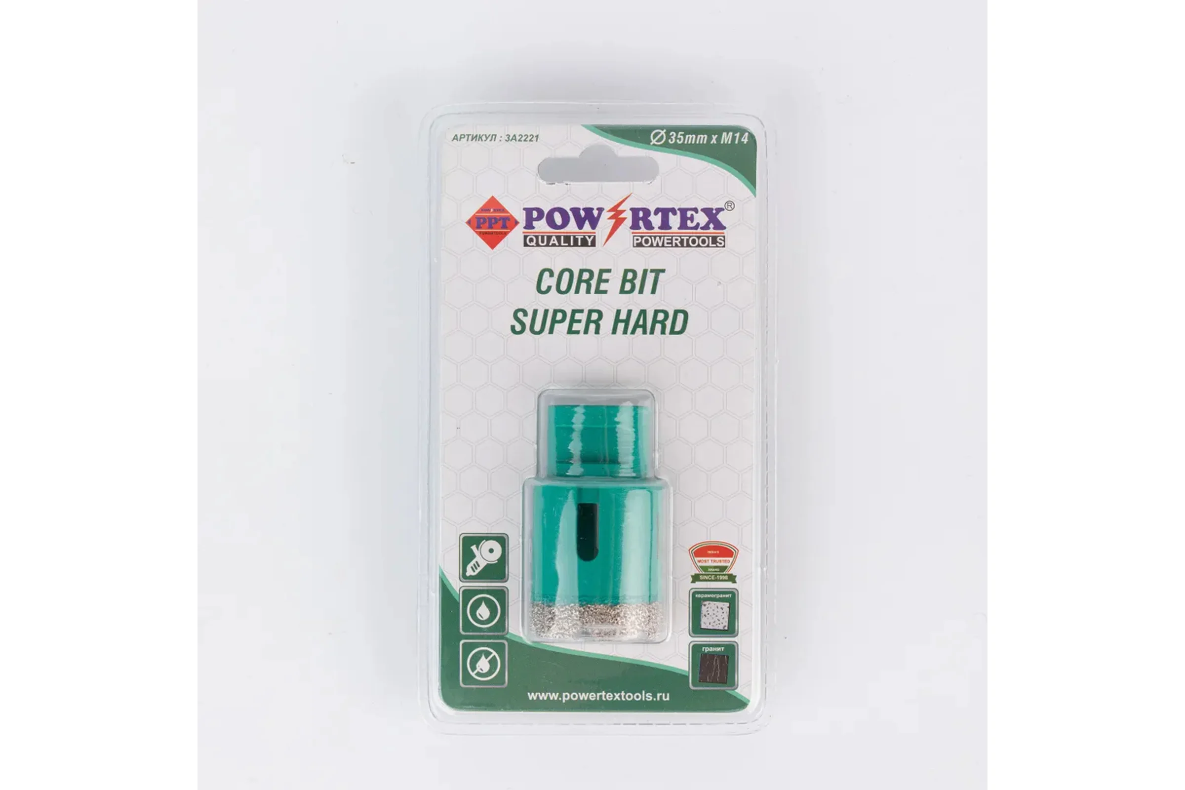 Коронка алмазная Powertex Super Hard 6T, М14 35х35 мм для дрели и УШМ по плитке 3A2221
