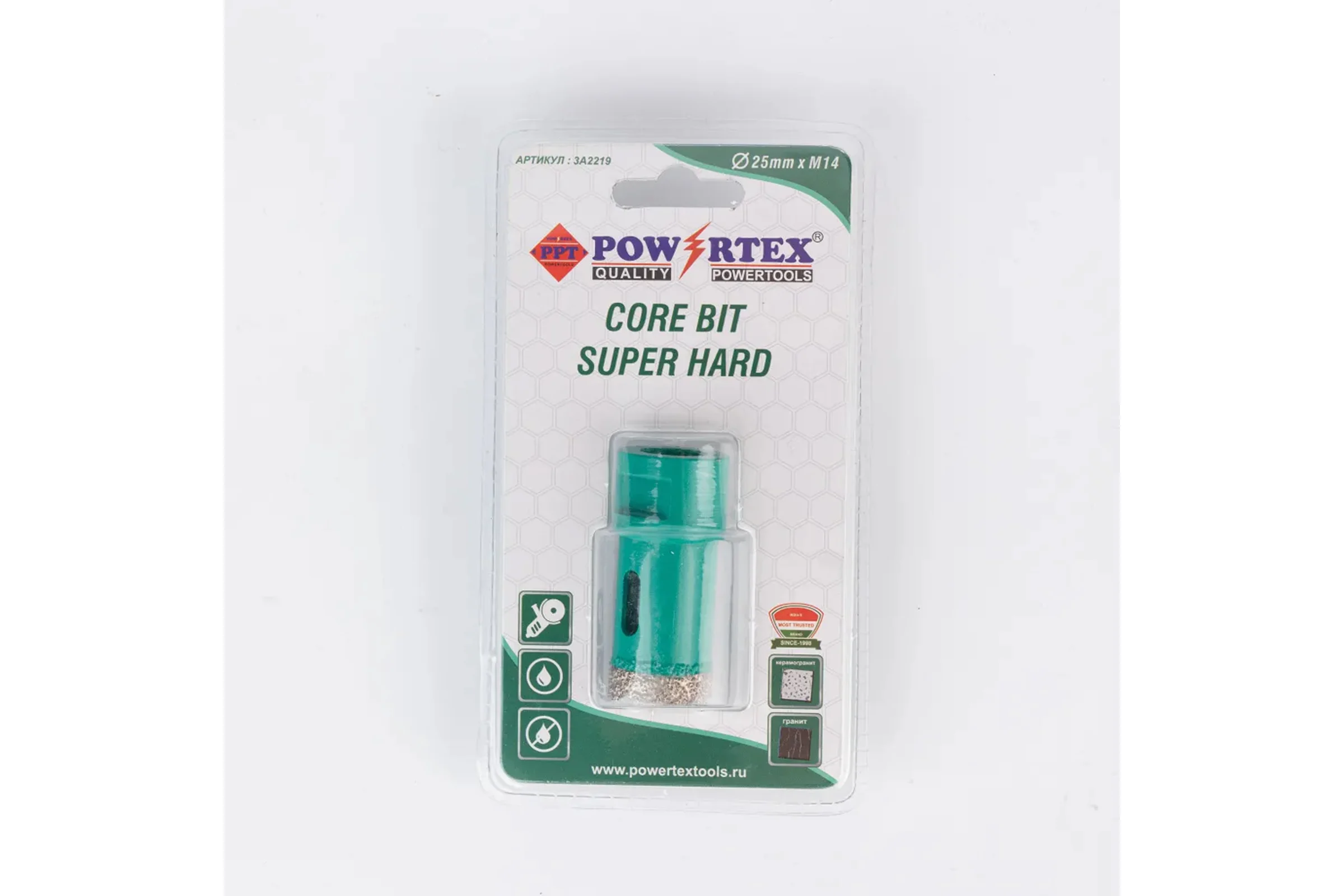 Коронка алмазная Powertex Super Hard 4T, М14 25х35 мм для дрели и УШМ по плитке 3A2219