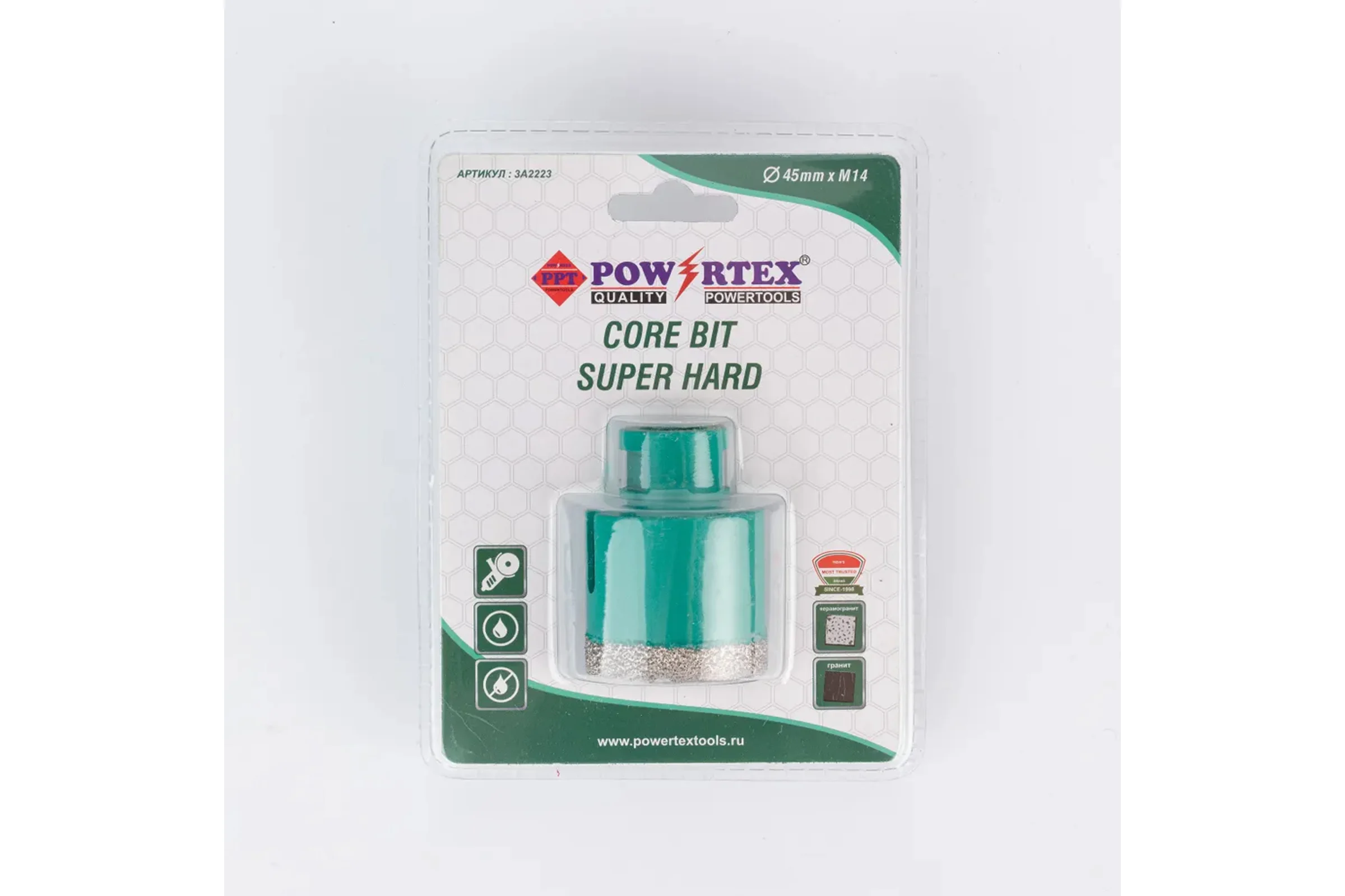 Коронка алмазная Powertex Super Hard 6T, М14 45х35 мм для дрели и УШМ по плитке 3A2223