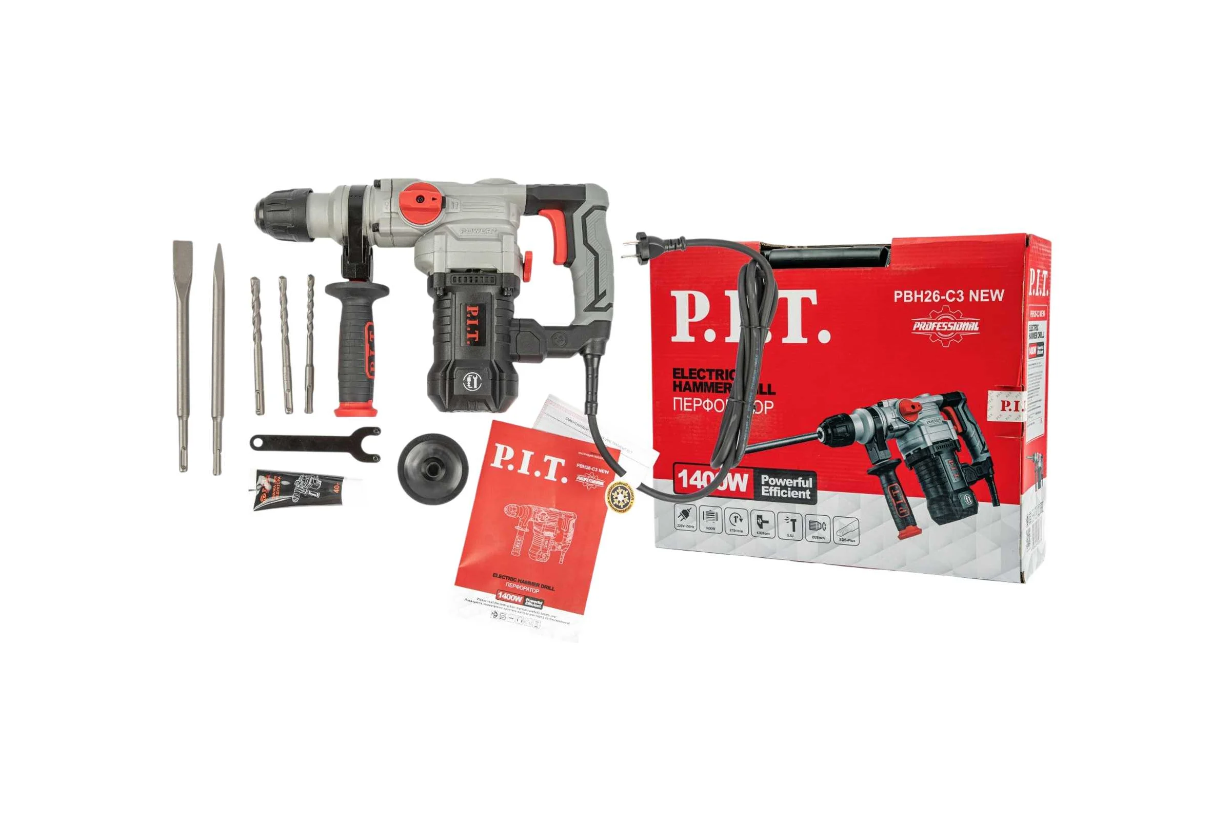 Перфоратор P.I.T. SDS-Plus электрический, верт, 1200Вт, 4,7Дж, 3 реж, кейс, набор оснастки PBH26-C3 NEW