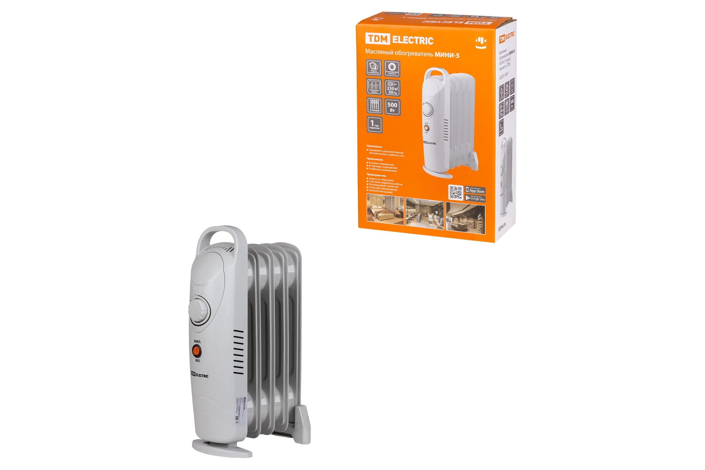 Масляный обогреватель TDM ELECTRIC МИНИ-5, 500 Вт, 5 секций, термостат, SQ2501-0907
