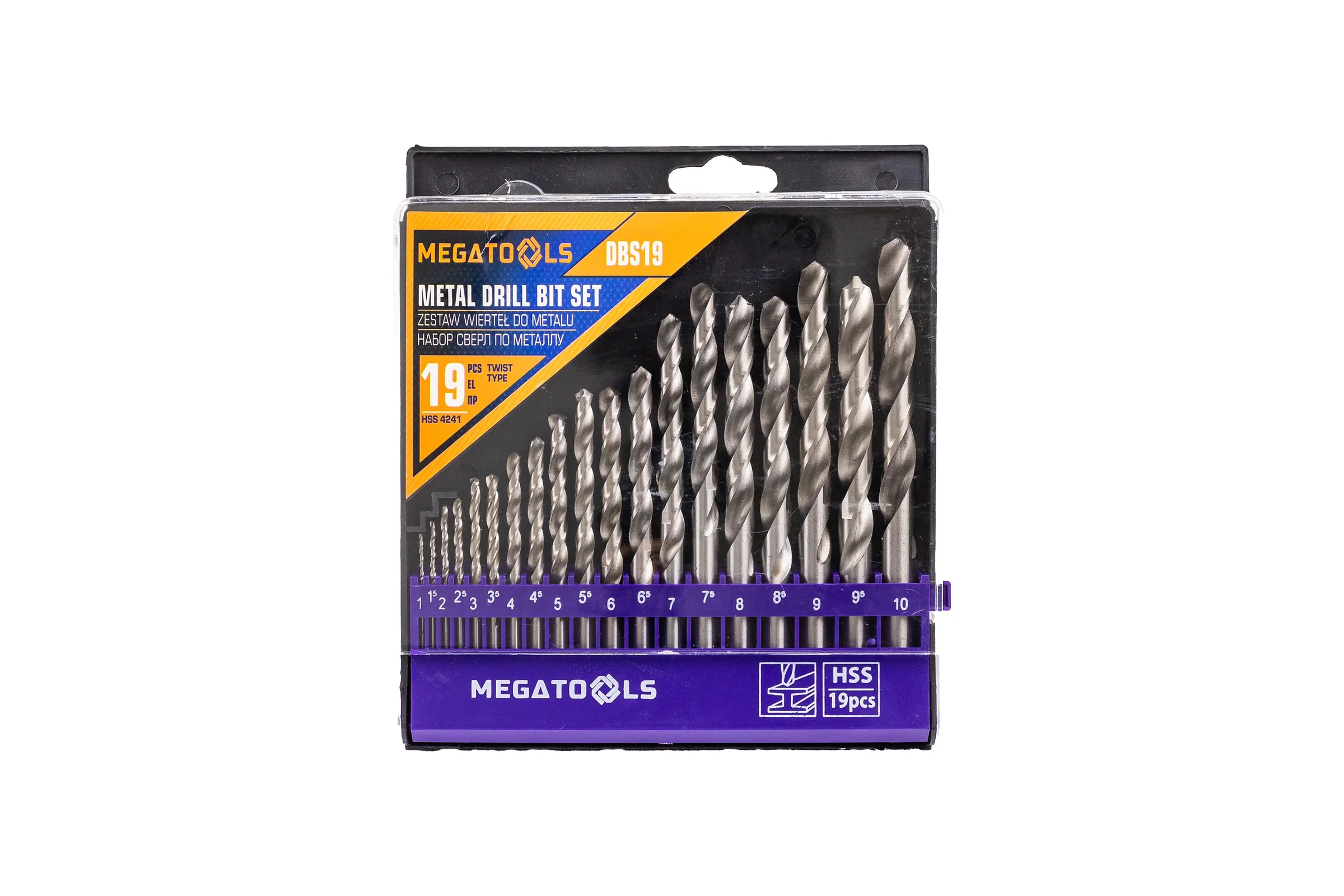 Набор сверл по металлу MEGATOOLS HSS, 19 предметов (1/1.5/2/2.5/3/3.5/4/4.5/5/5.5/6/6.5/7/7.5/8/8.5/9/9.5/10мм), в пластиковом футляре MT-DBS19(60715)