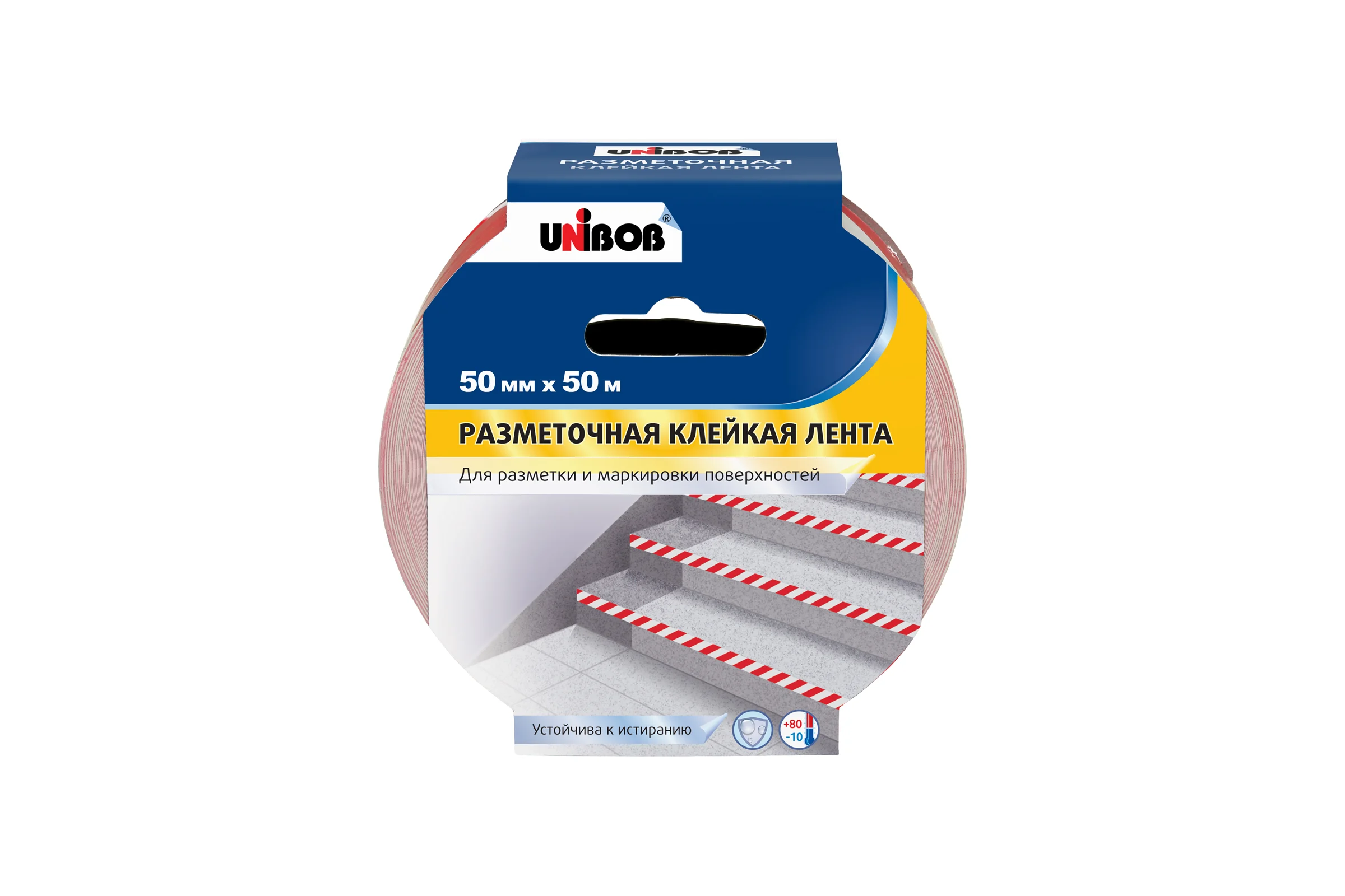 Клейкая лента Unibob разметочная 50ммх50м, красно-белая 60885