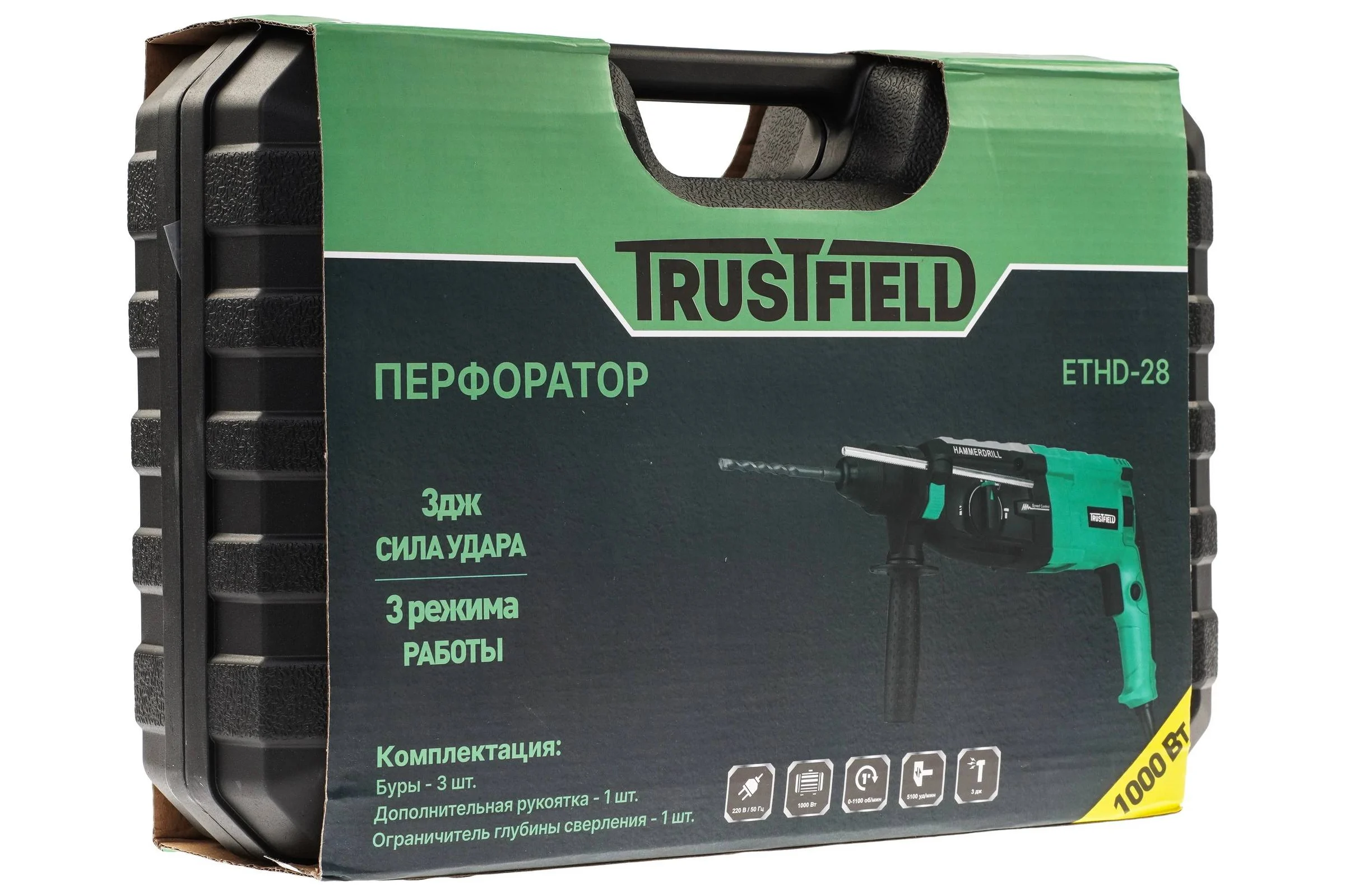 Перфоратор TRUSTFIELD SDS-Plus электрический (1000Вт, 3Дж, 3 реж, Ø28мм, 0-1100об/мин, 0-5100уд) ETHD-28