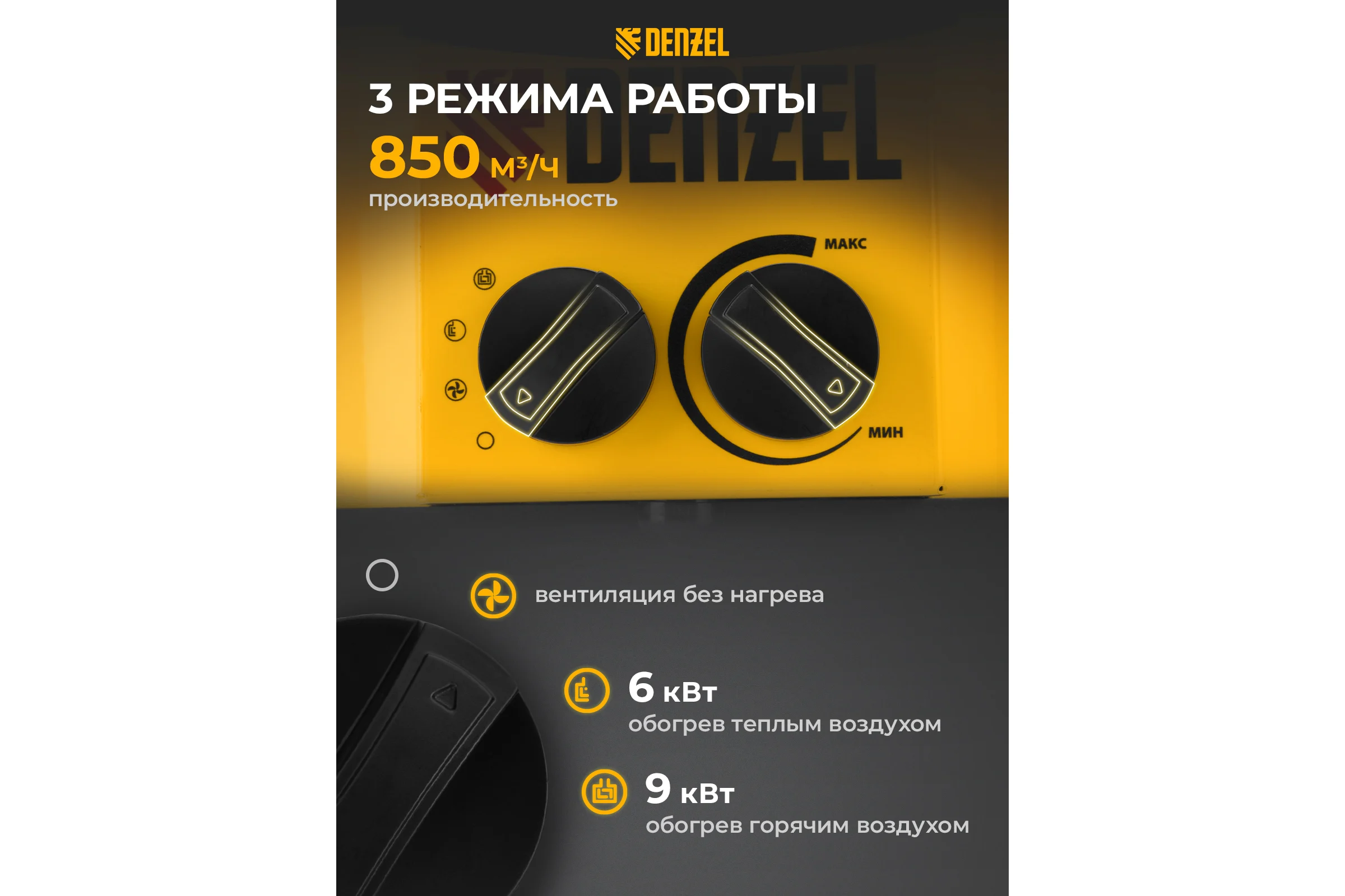 Тепловая пушка Denzel SFH-9000, 400 В, 850 м3/ч, 3 режима, вентилятор, 6000/9000 Вт 96439