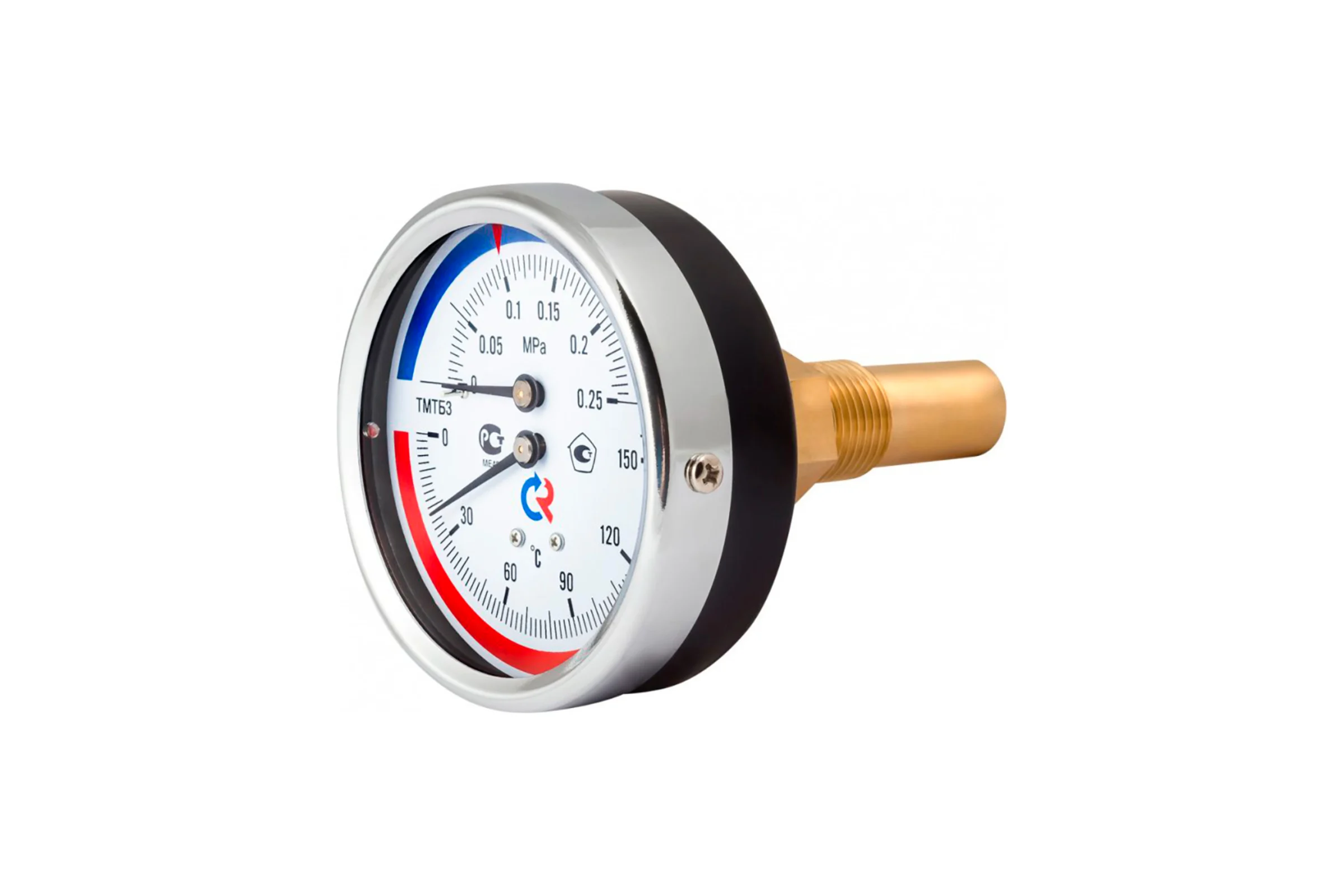 Термоманометр РОСМА ТМТБ-31Т.2 осевой (0-1.6МПа/до 120С) G1/2 2.5, ДК80мм, длина клапана 64мм D070-01365