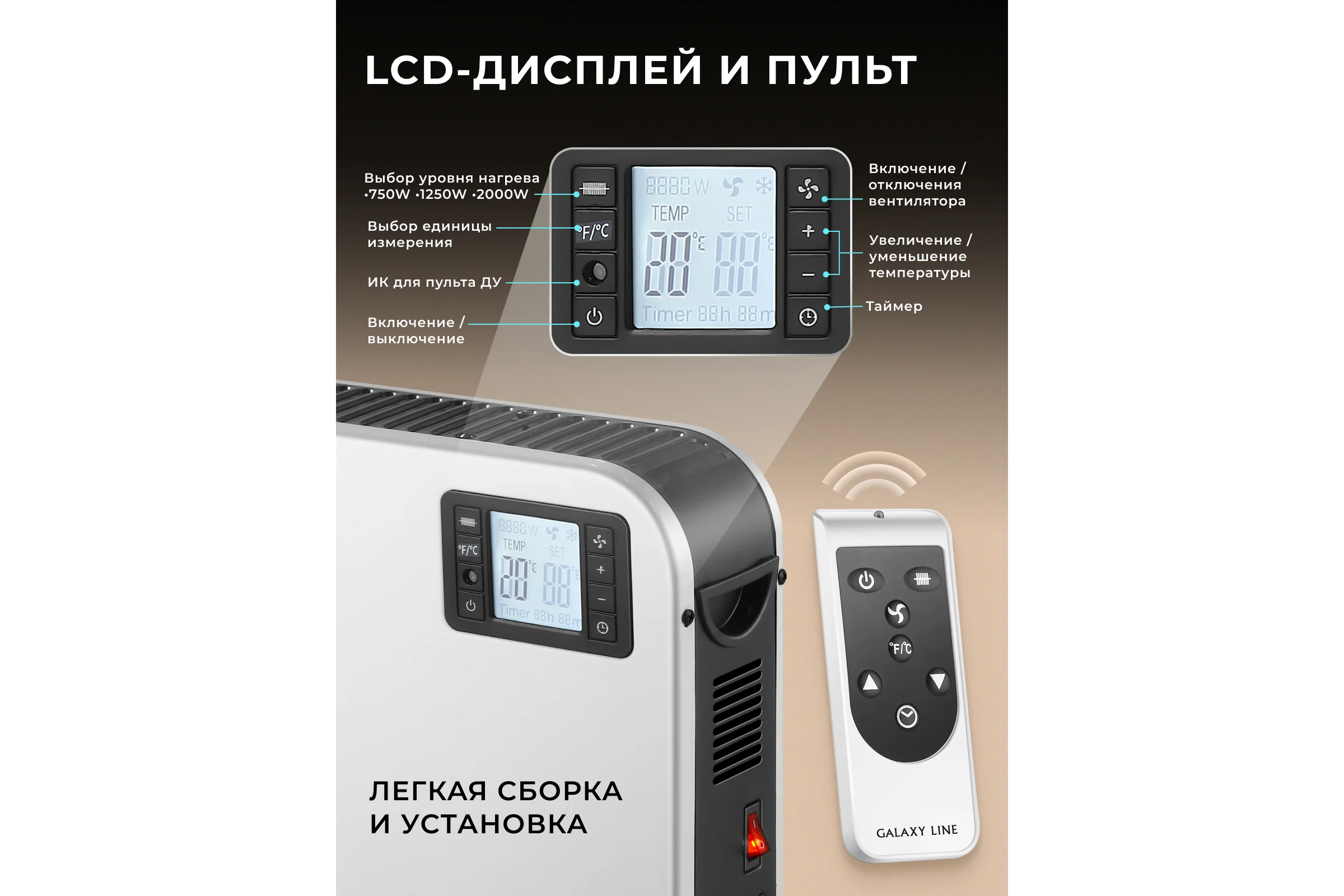 Обогреватель конвекционный Galaxy Line 2000 Вт, 3 режима, ДУ, LCD дисплей, белый, GL 8232, 7050282320