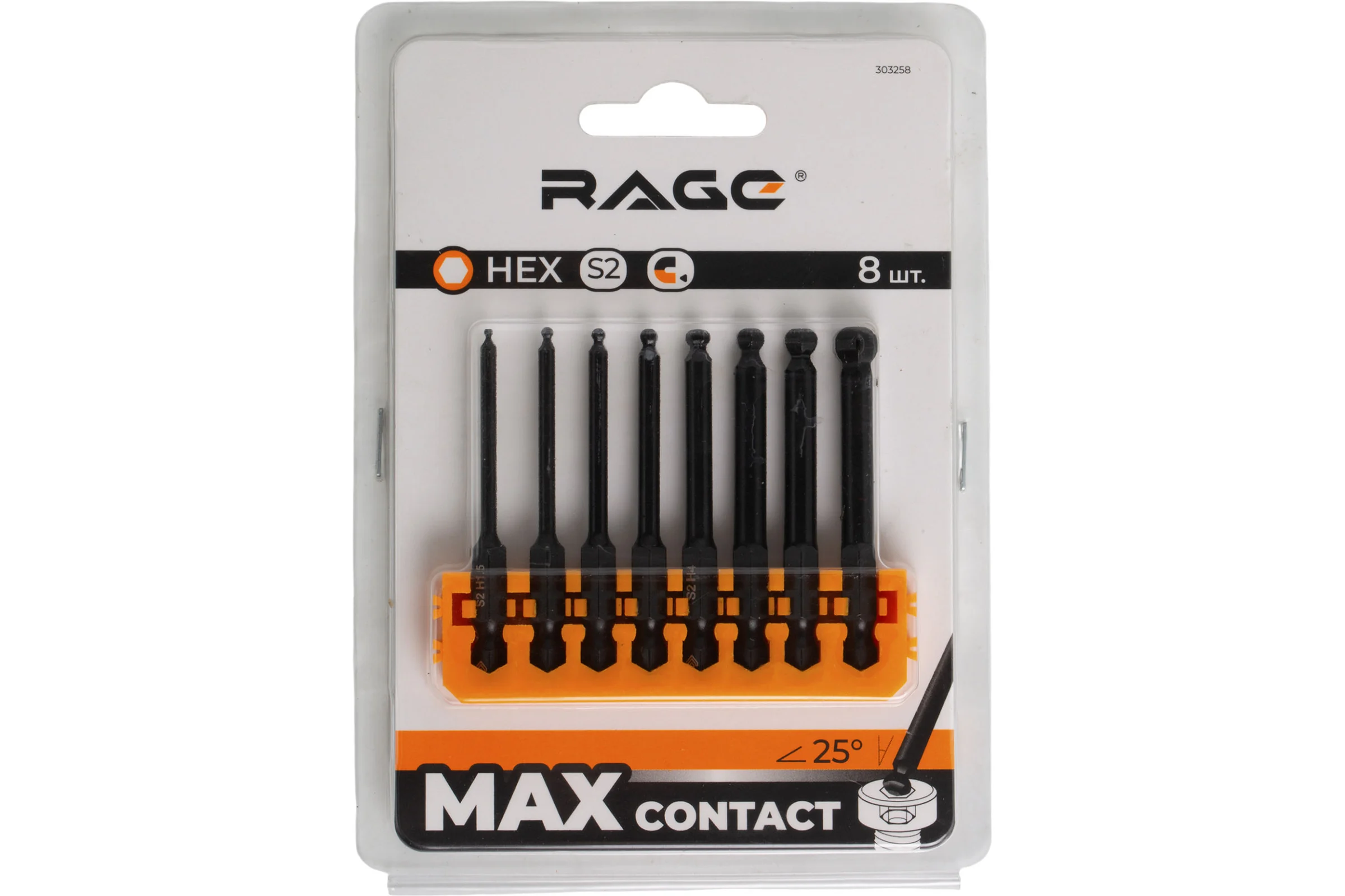 Набор магнитных бит RAGE для шуруповерта HEX 65 мм со сферической головкой 8 шт 303258