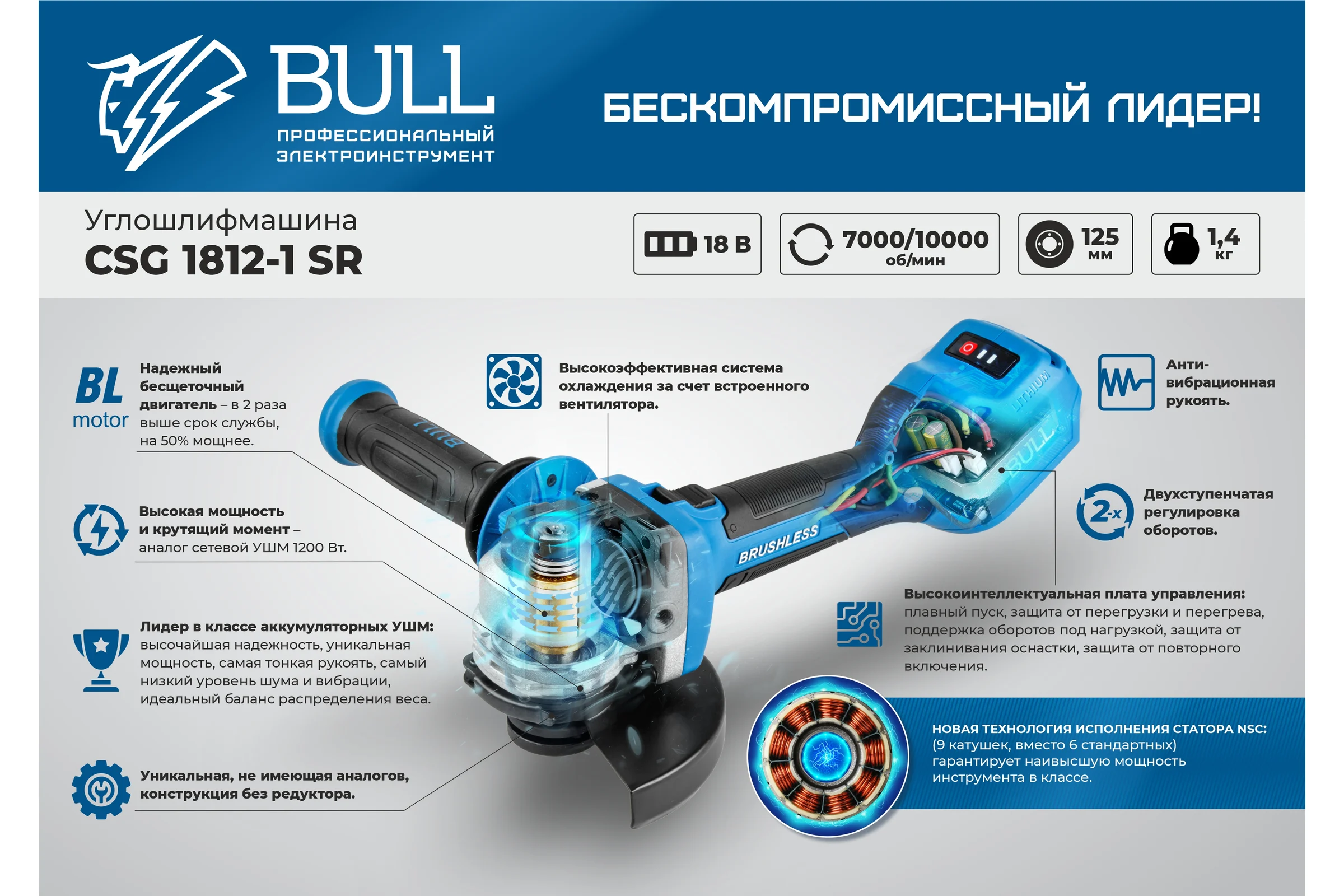 Аккуммуляторная углошлифмашина BULL CSG 1812-1 SR Xcase XLTpro 2x6 Ач БЕСЩЕТ, 125 мм, рег. об., 10 000 об/мин 1333998 ЦЗ-1193769920