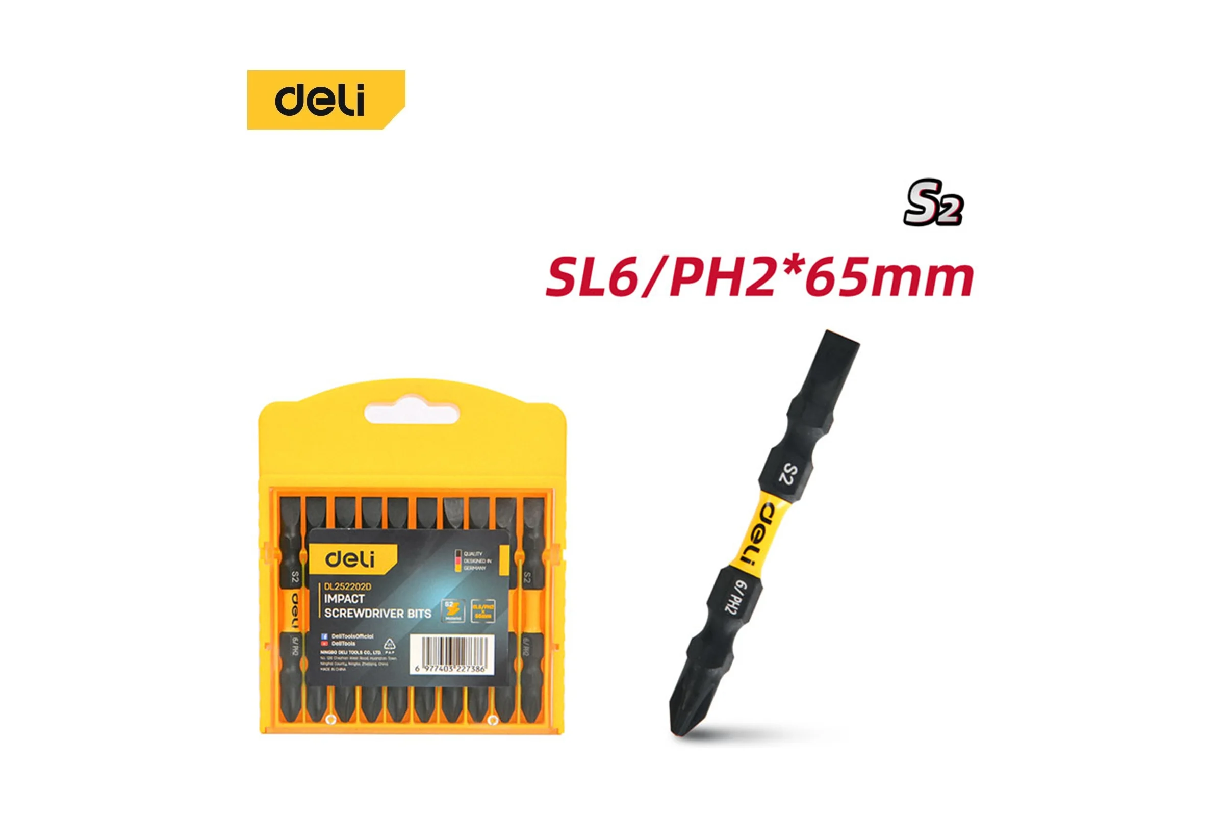 Набор двухсторонних торсионных бит DELI SL6/PH2 10шт DL252202D (сталь S2, длина 65мм) 183620
