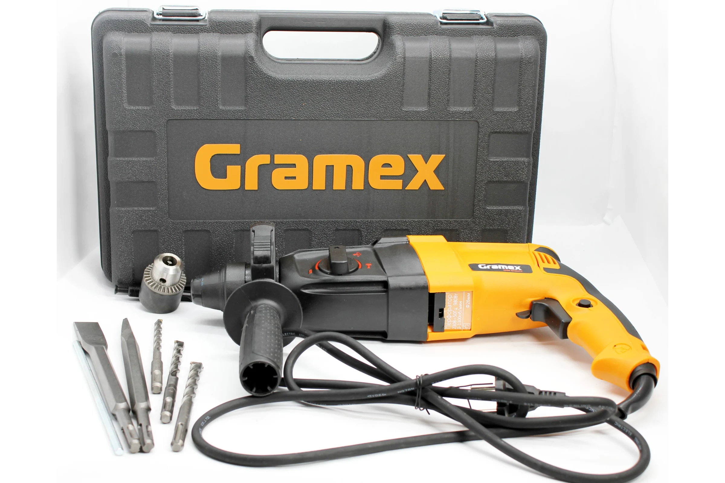Перфоратор электрический Gramex HRH-980 (980Вт,0-1300об/мин,0-5500уд/мин,3,3Дж,3 реж,SDS+) кейс (1/4) 4195