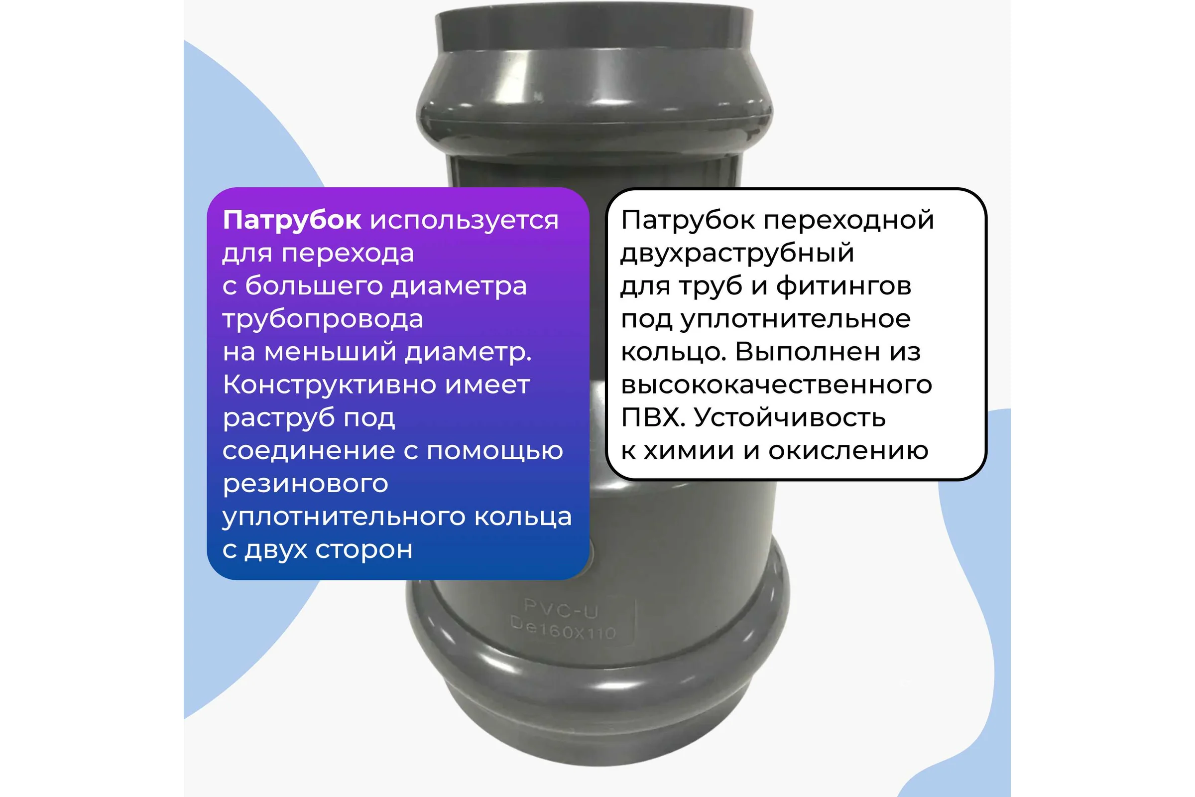 Патрубок AQUAVIVA НПВХ напорный переходной двухраструбный 225/160 AQV225160 14762