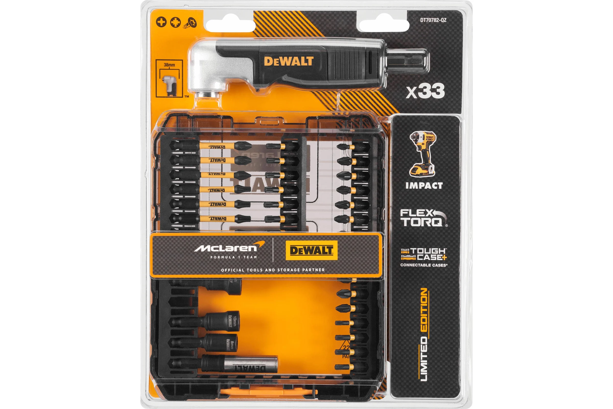 Набор бит и торцевых головок DEWALT McLaren Limited Edition DT70782, с торсионным адаптером, 33 шт., в кейсе DT70782-QZ