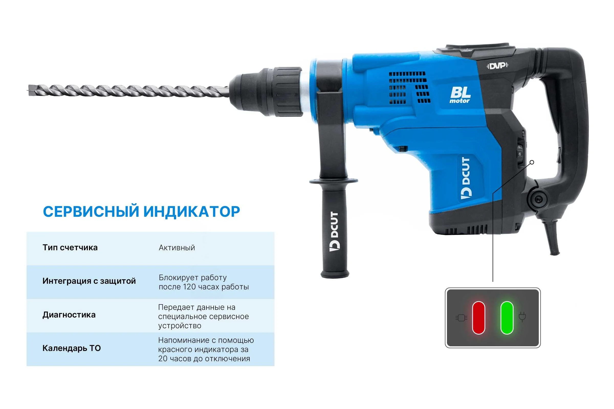 Перфоратор DCUT SDSmax, бесщёточный, 1500Вт, 2реж, 15Дж, 1500-3000у/м, 9кг, DBRJ1530-SP2