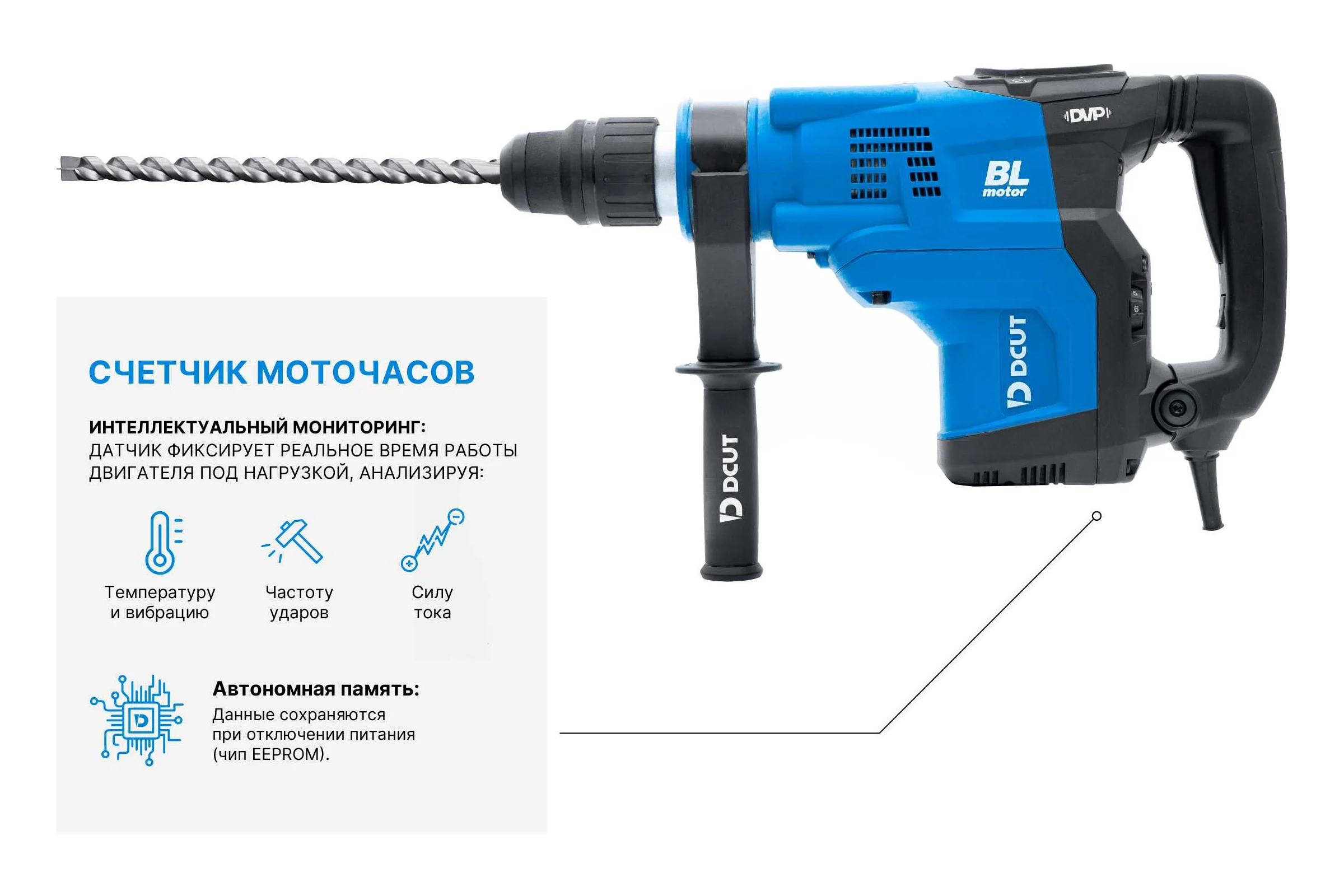 Перфоратор DCUT SDSmax, бесщёточный, 1500Вт, 2реж, 15Дж, 1500-3000у/м, 9кг, DBRJ1530-SP2
