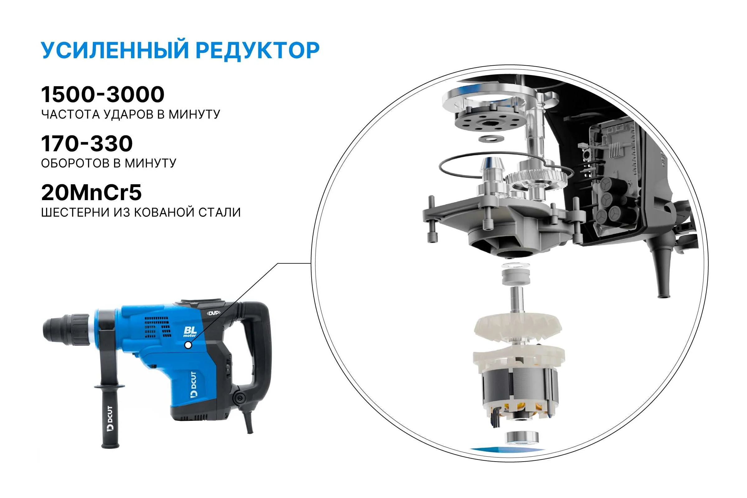 Перфоратор DCUT SDSmax, бесщёточный, 1500Вт, 2реж, 15Дж, 1500-3000у/м, 9кг, DBRJ1530-SP2